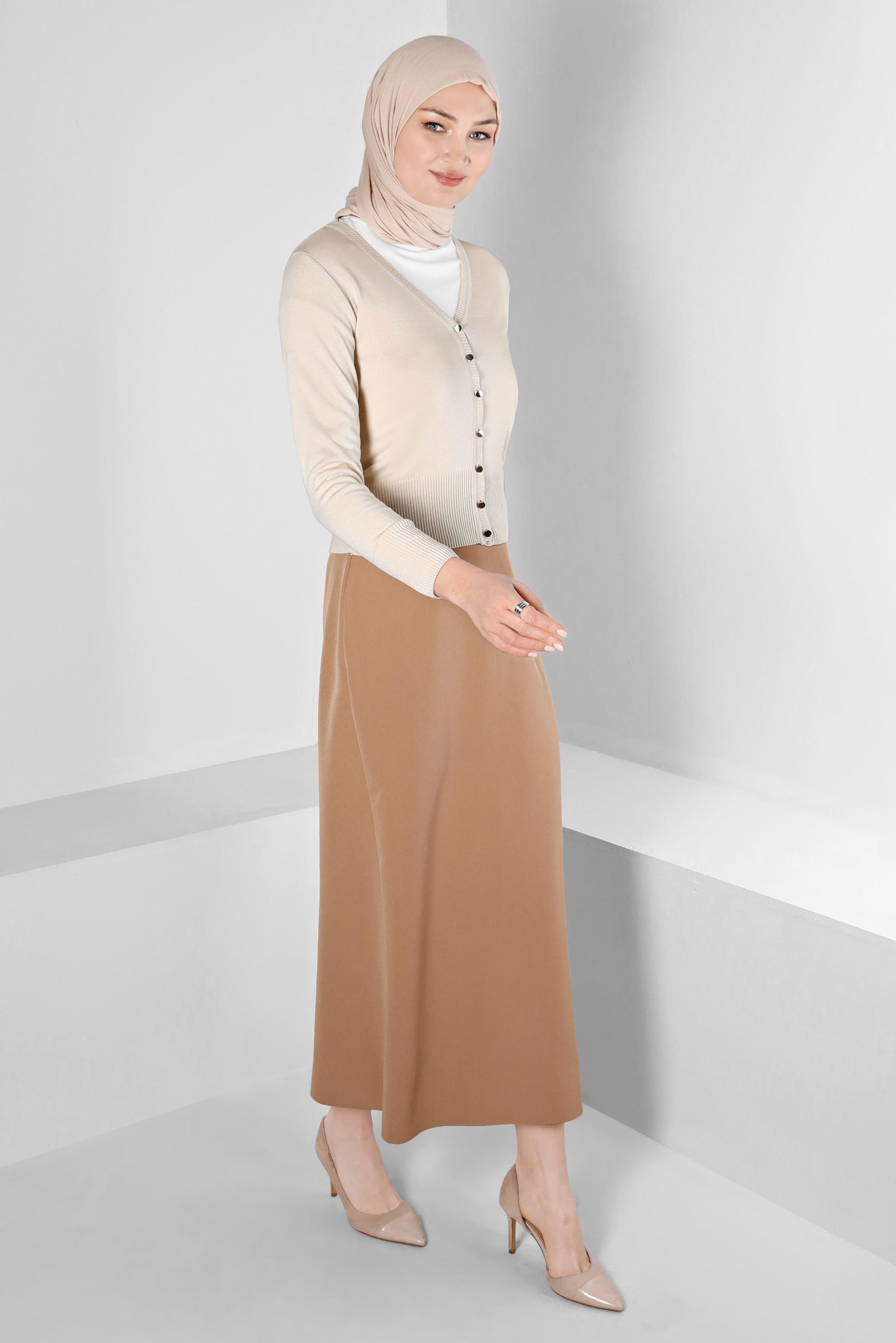Tesettür giyim BEJ GİZLİ YIRTMAÇLI FERMUARLI ETEK 60364