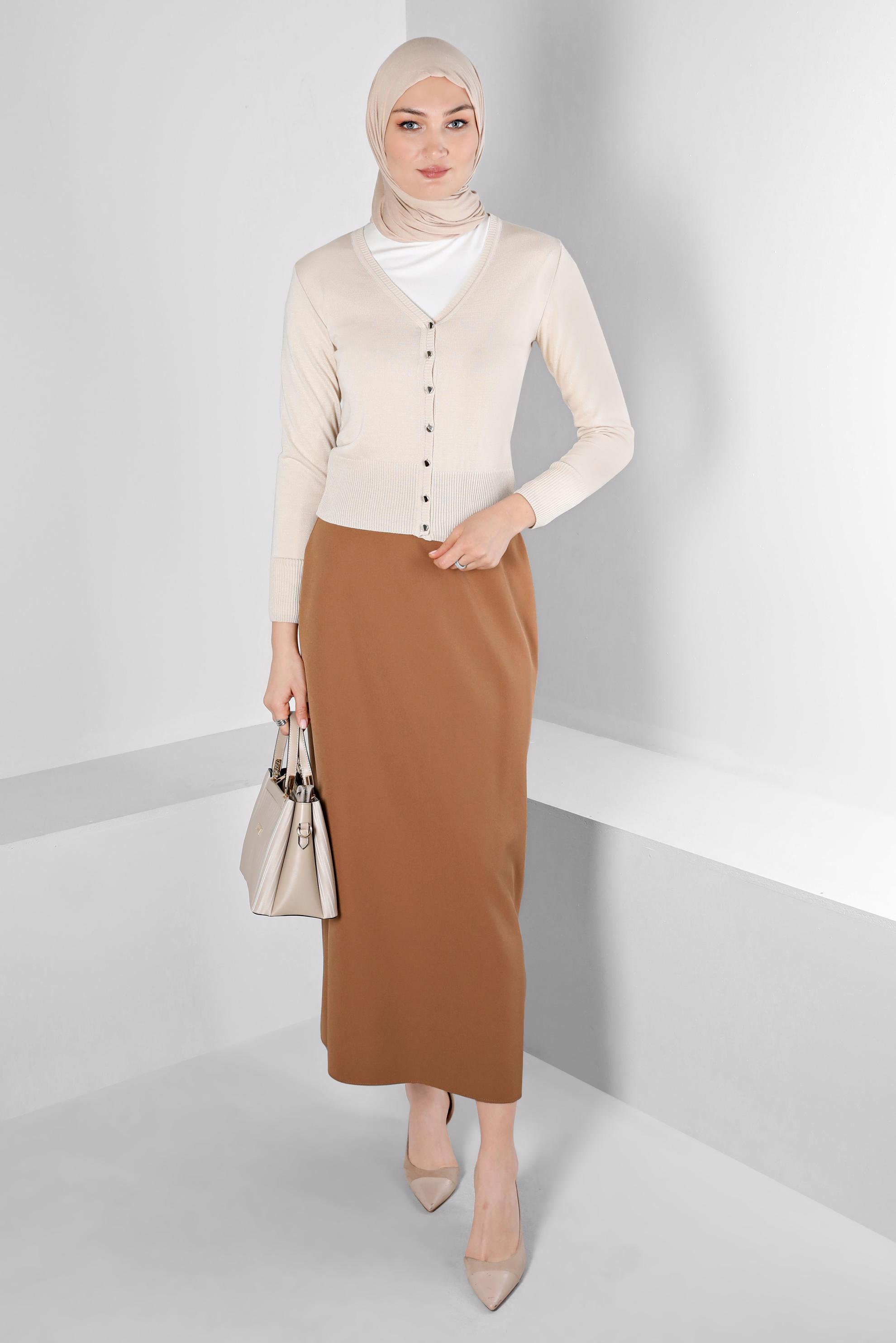 Tesettür giyim TABA GİZLİ YIRTMAÇLI FERMUARLI ETEK 60364