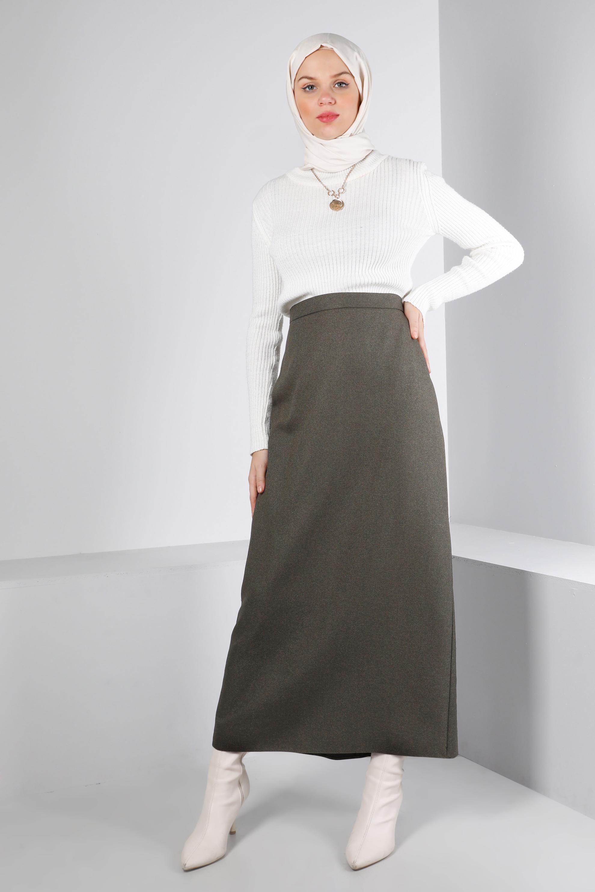 Tesettür giyim HAKİ GİZLİ YIRTMAÇLI ETEK 60365