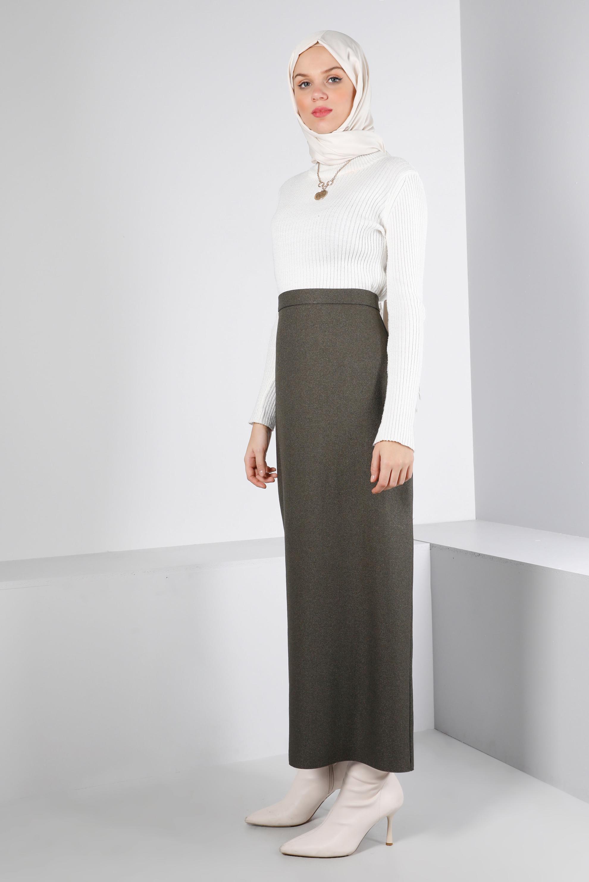 Tesettür giyim HAKİ GİZLİ YIRTMAÇLI ETEK 60365