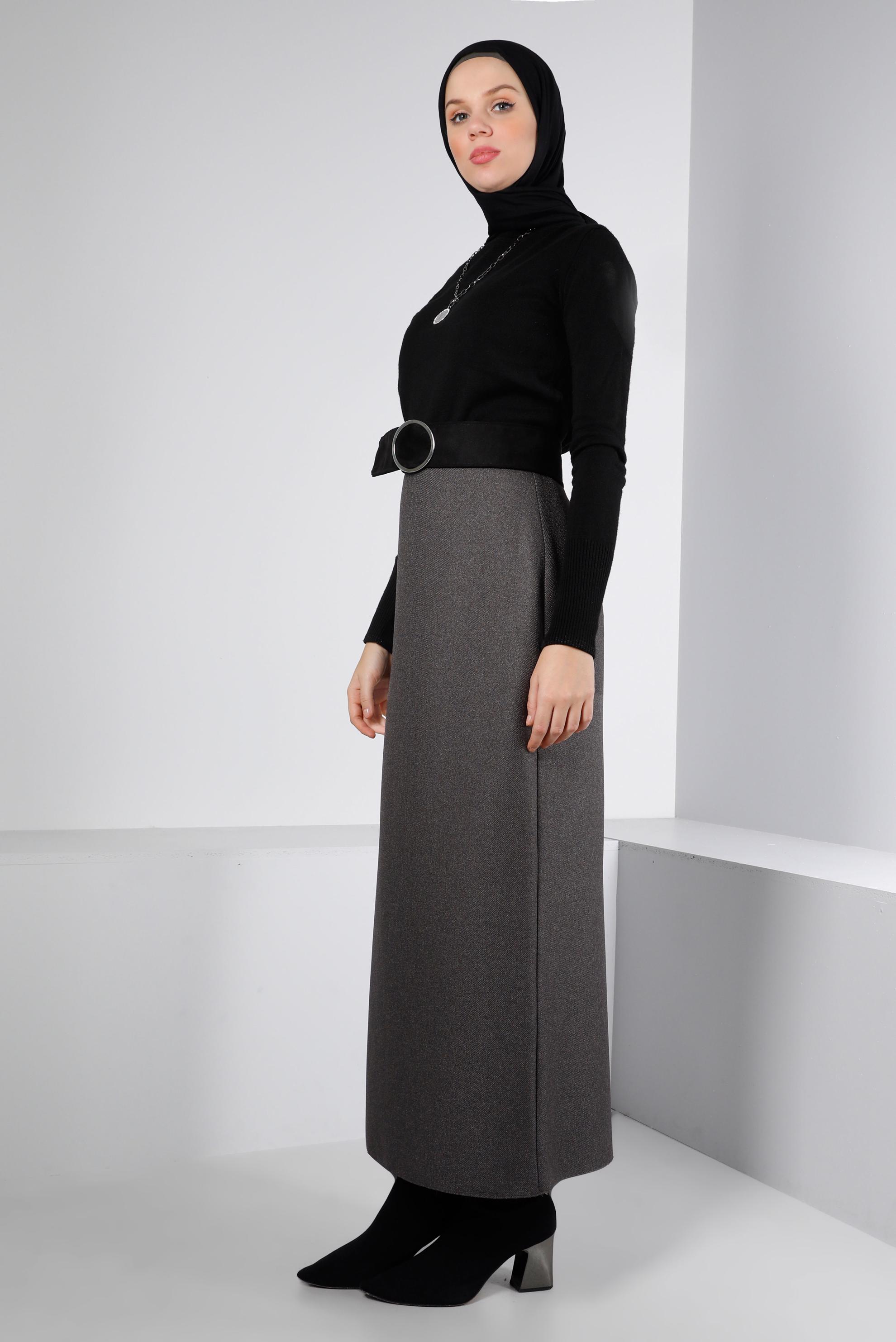 Tesettür giyim GRİ GİZLİ YIRTMAÇLI ETEK 60365