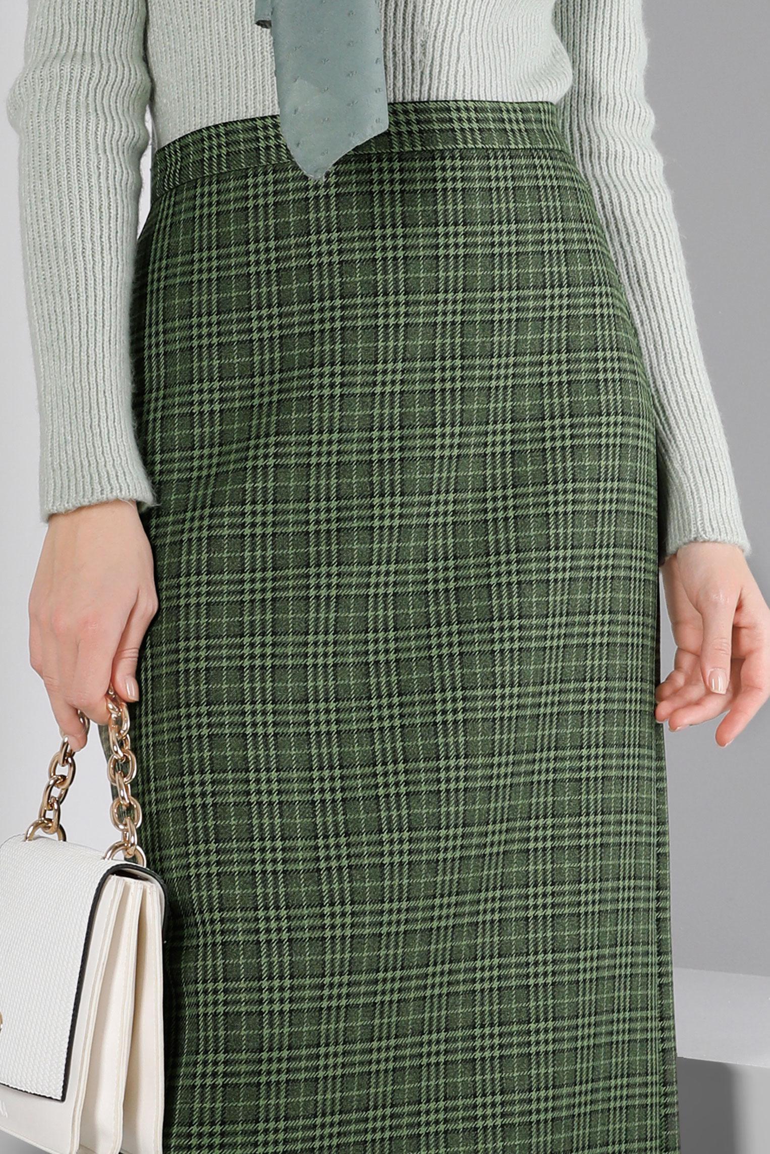 Tesettür giyim YEŞİL GİZLİ YIRTMAÇLI EKOSE DESENLİ ETEK 60368