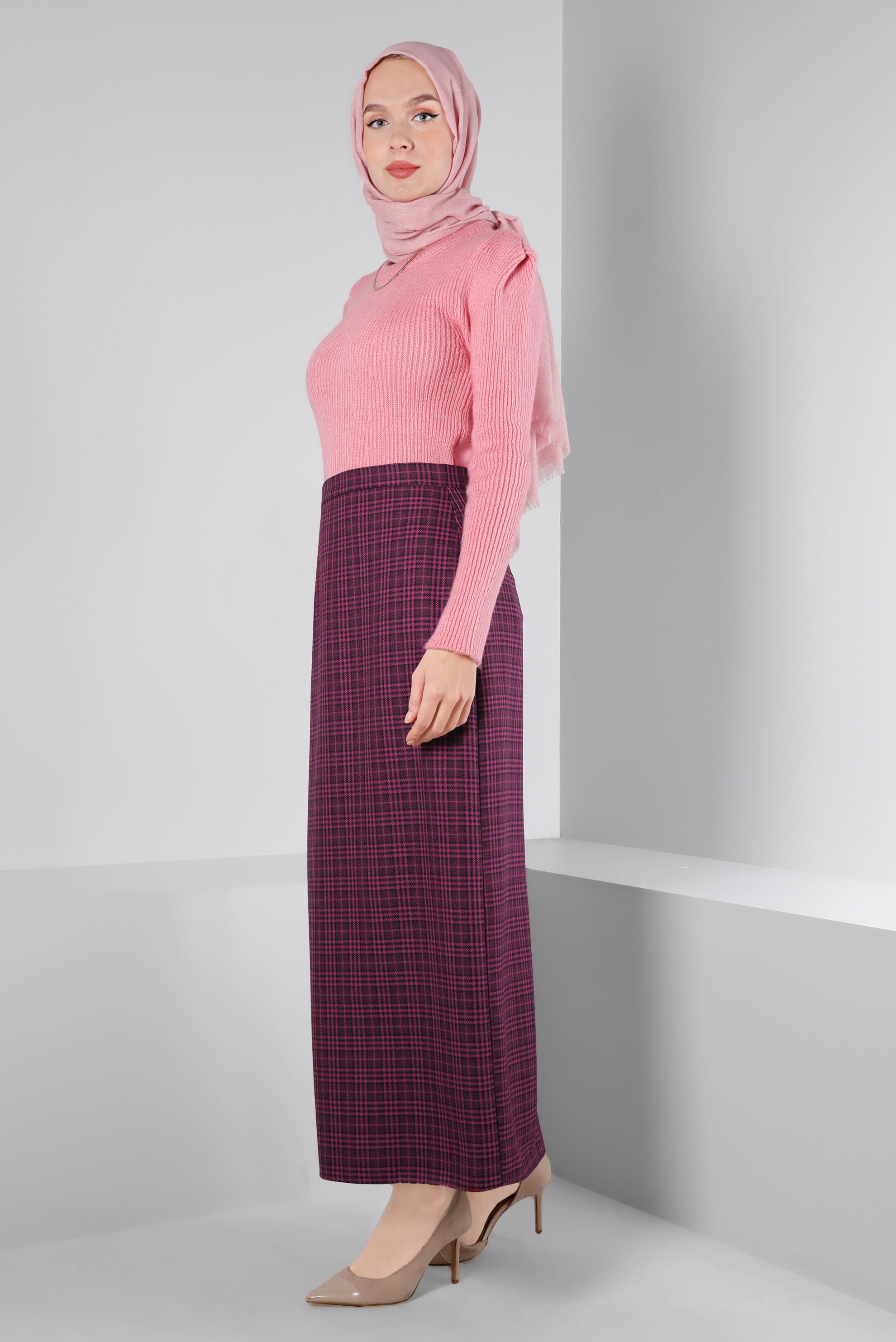 Tesettür giyim FUŞYA GİZLİ YIRTMAÇLI EKOSE DESENLİ ETEK 60368