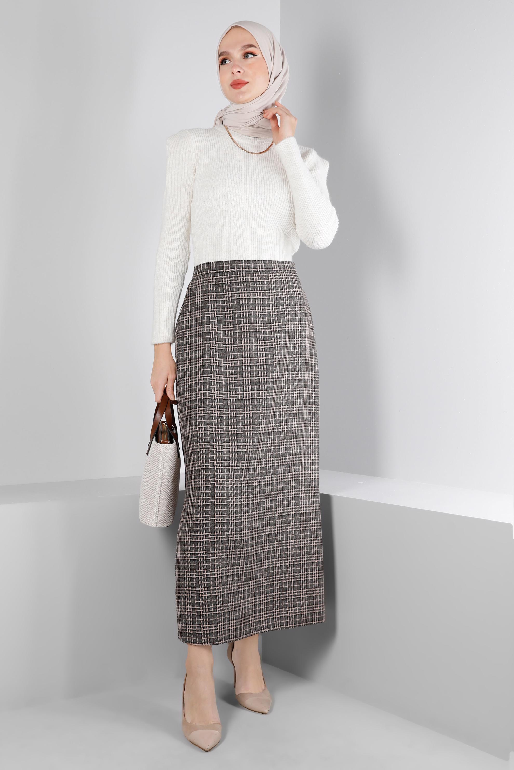 Tesettür giyim PUDRA GİZLİ YIRTMAÇLI EKOSE DESENLİ ETEK 60368