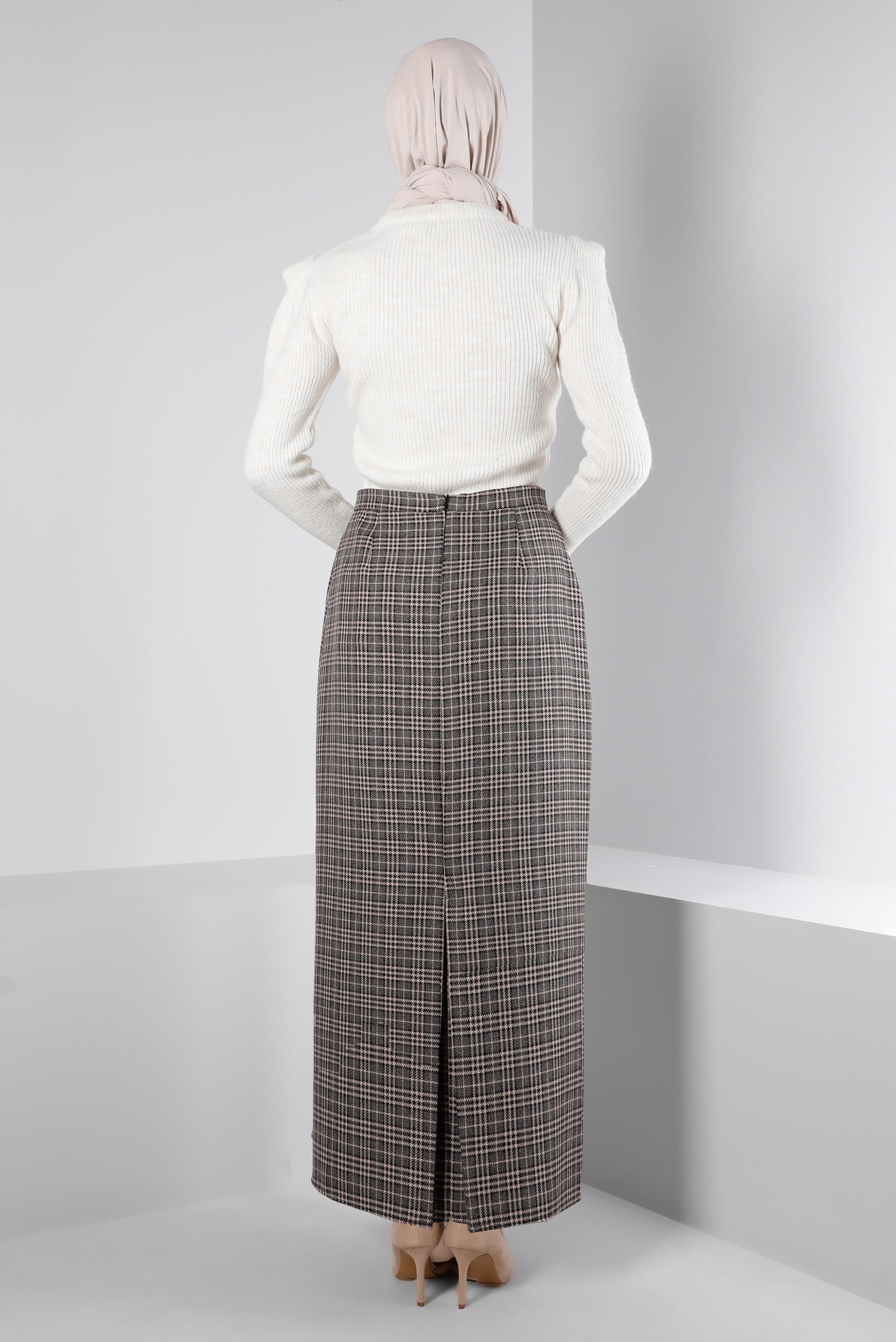 Tesettür giyim PUDRA GİZLİ YIRTMAÇLI EKOSE DESENLİ ETEK 60368