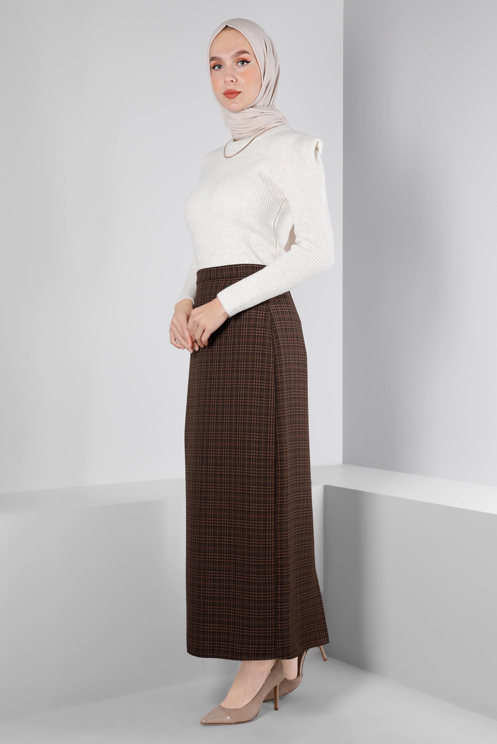 Tesettür giyim TABA GİZLİ YIRTMAÇLI EKOSE DESENLİ ETEK 60368