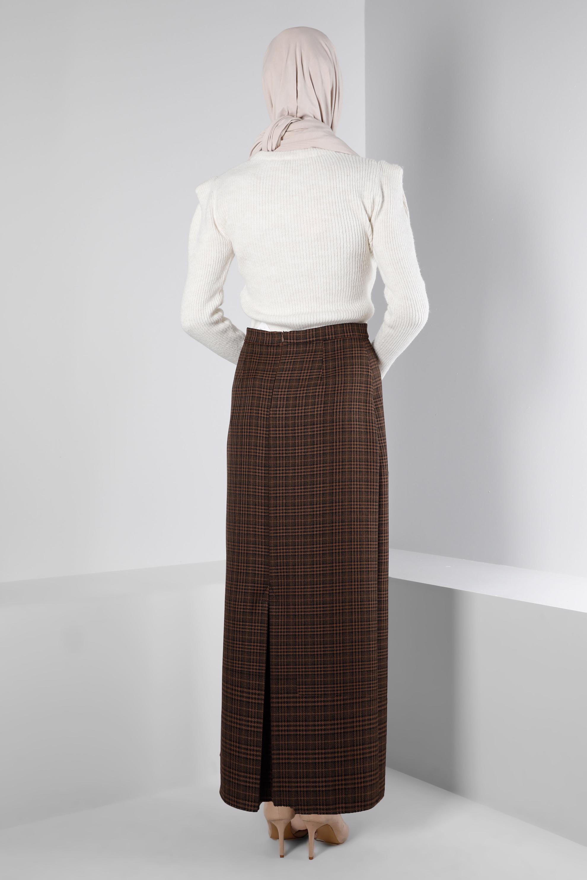 Tesettür giyim TABA GİZLİ YIRTMAÇLI EKOSE DESENLİ ETEK 60368