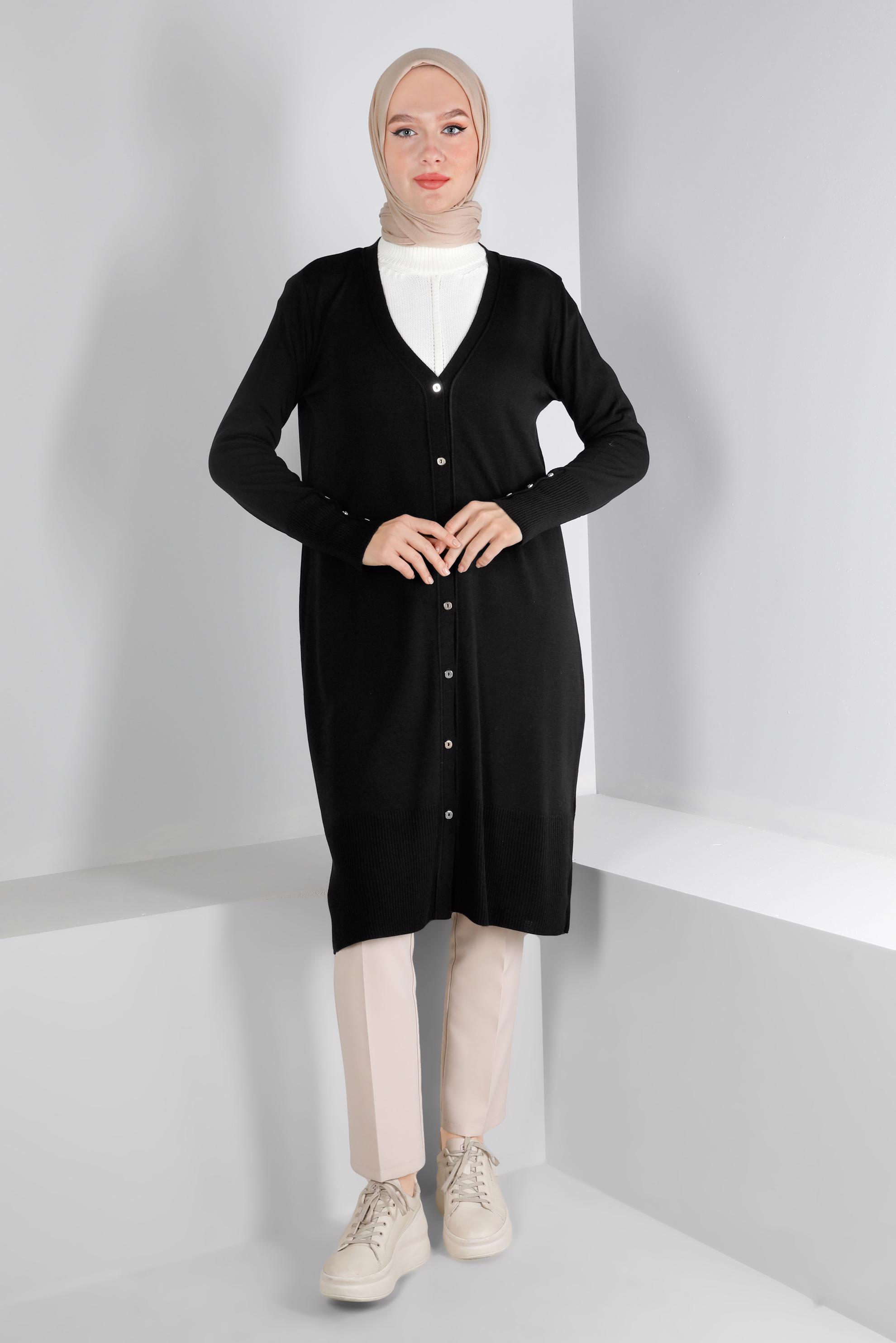 Tesettür giyim SİYAH DÜĞME DETAYLI TRİKO HIRKA 43126 