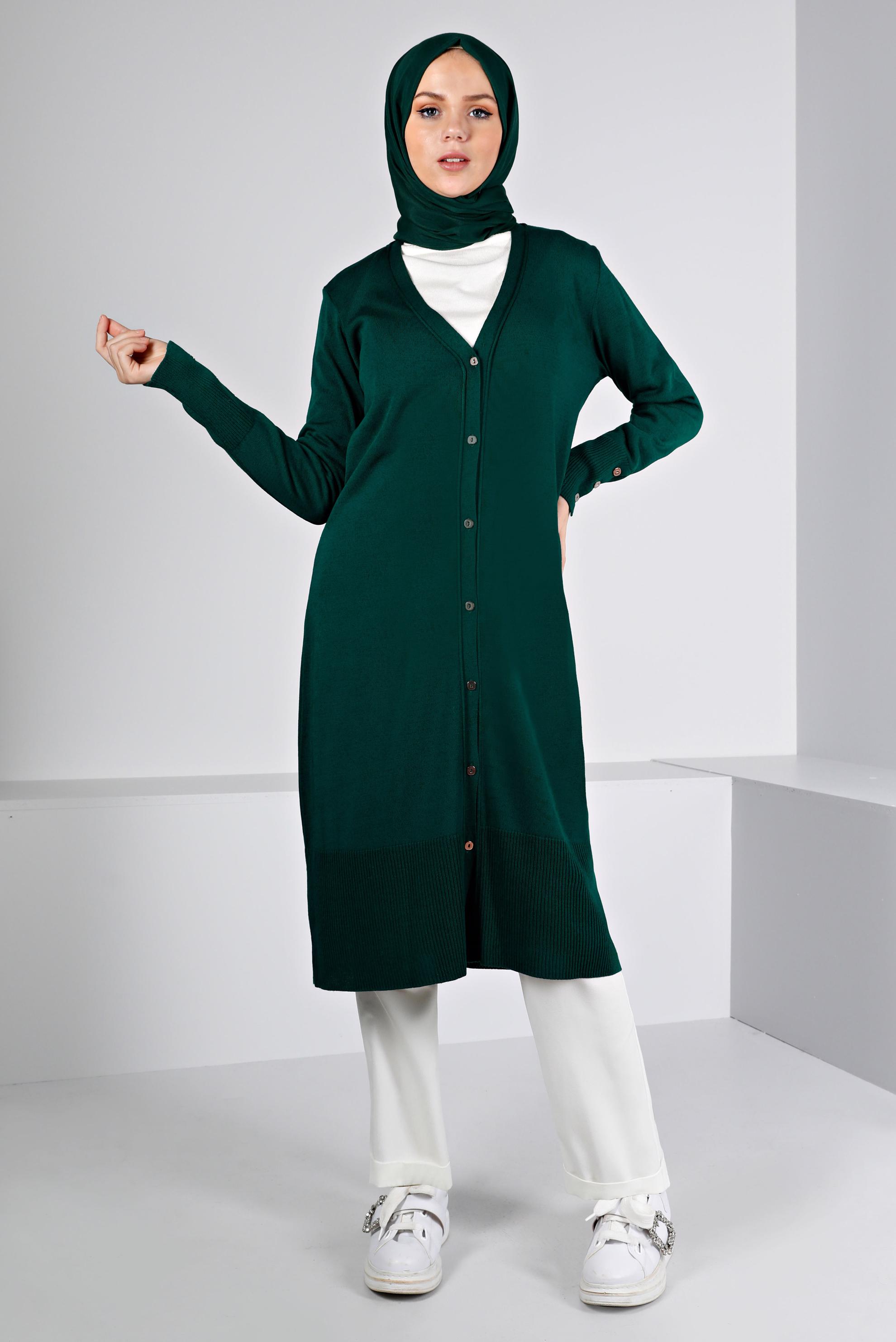 Tesettür giyim YEŞİL DÜĞME DETAYLI TRİKO HIRKA 43126 