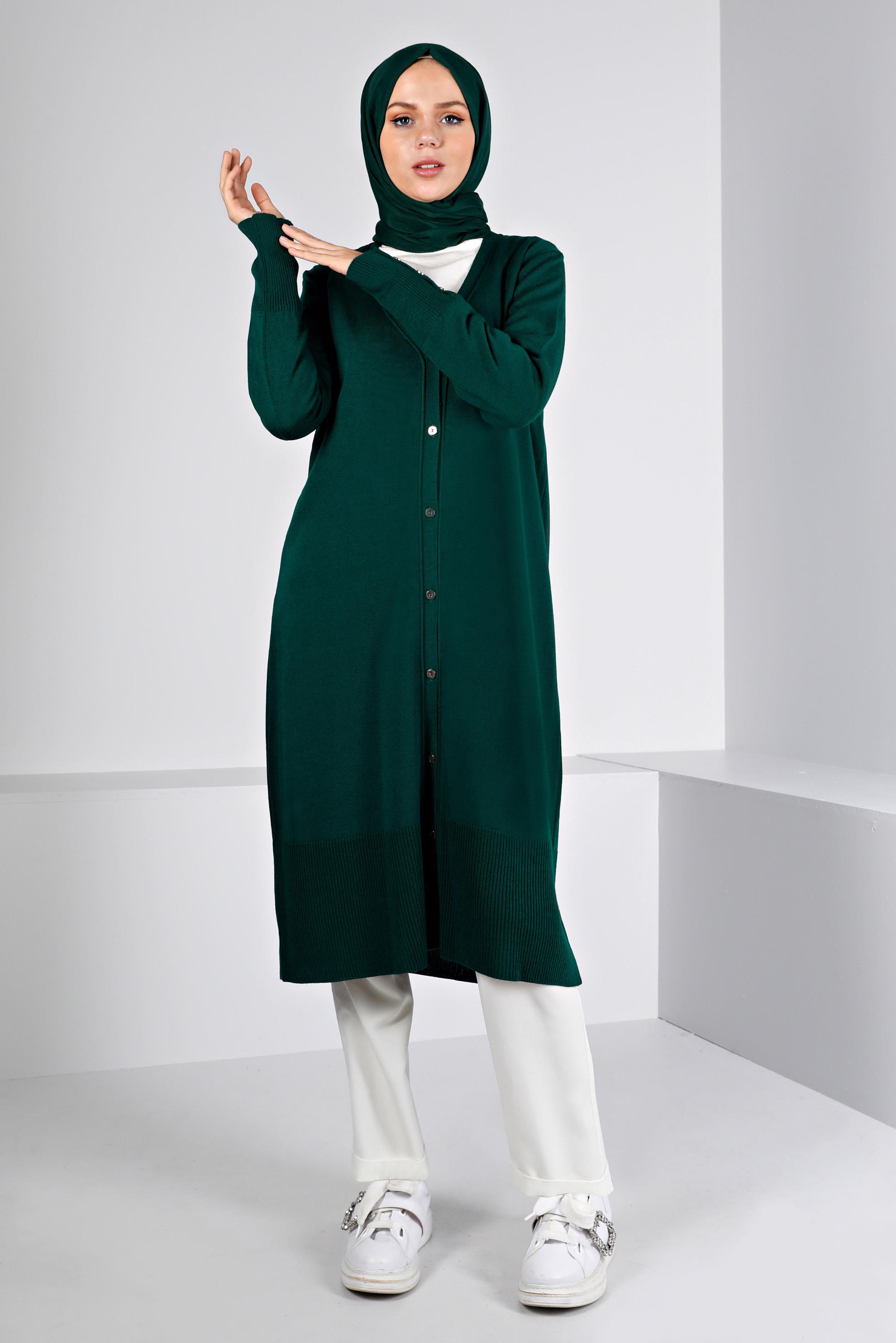 Tesettür giyim YEŞİL DÜĞME DETAYLI TRİKO HIRKA 43126 