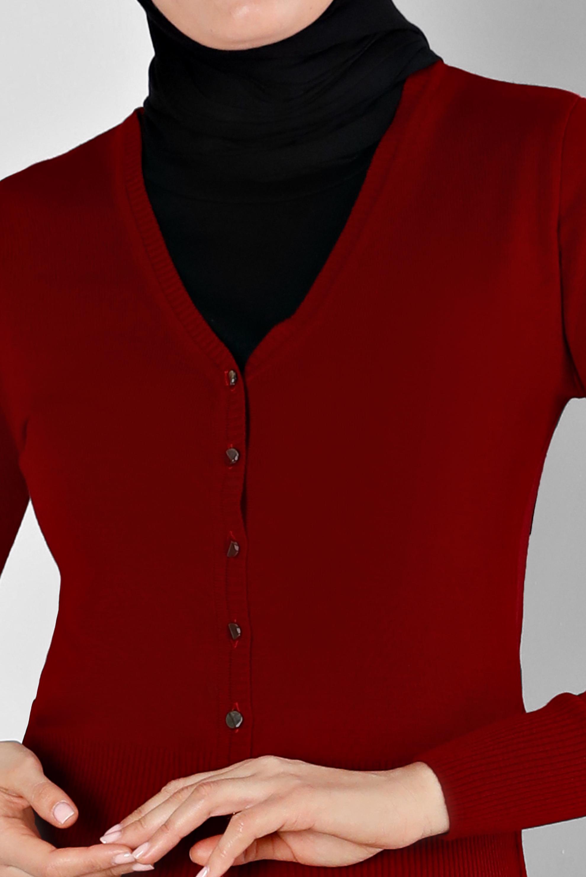 Tesettür giyim KIRMIZI DÜĞMELİ BELİ LASTİKLİ TRİKO HIRKA 43127