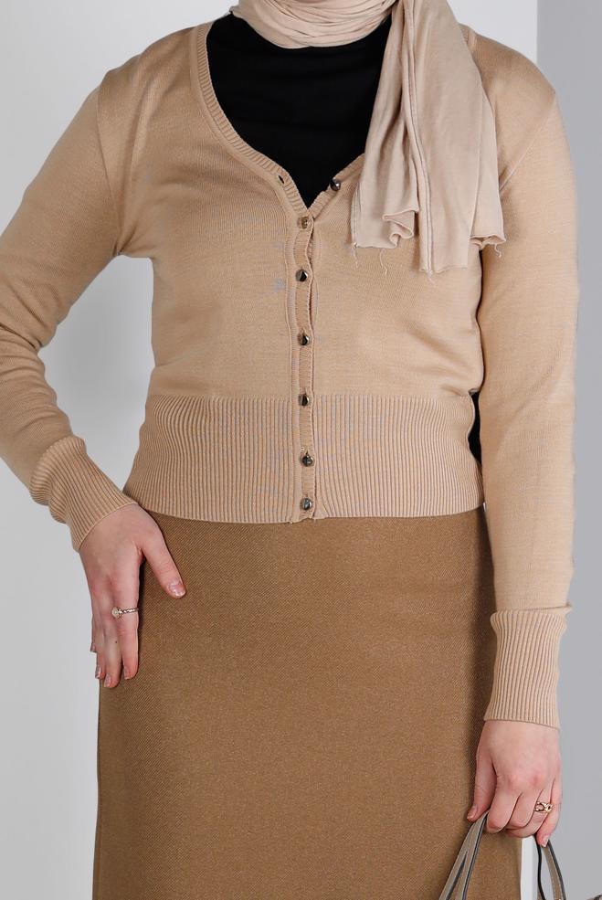 Vêtements hijab BEIGE CARDIGAN EN MAILLE À BOUTONS 43127 - ALVİNA