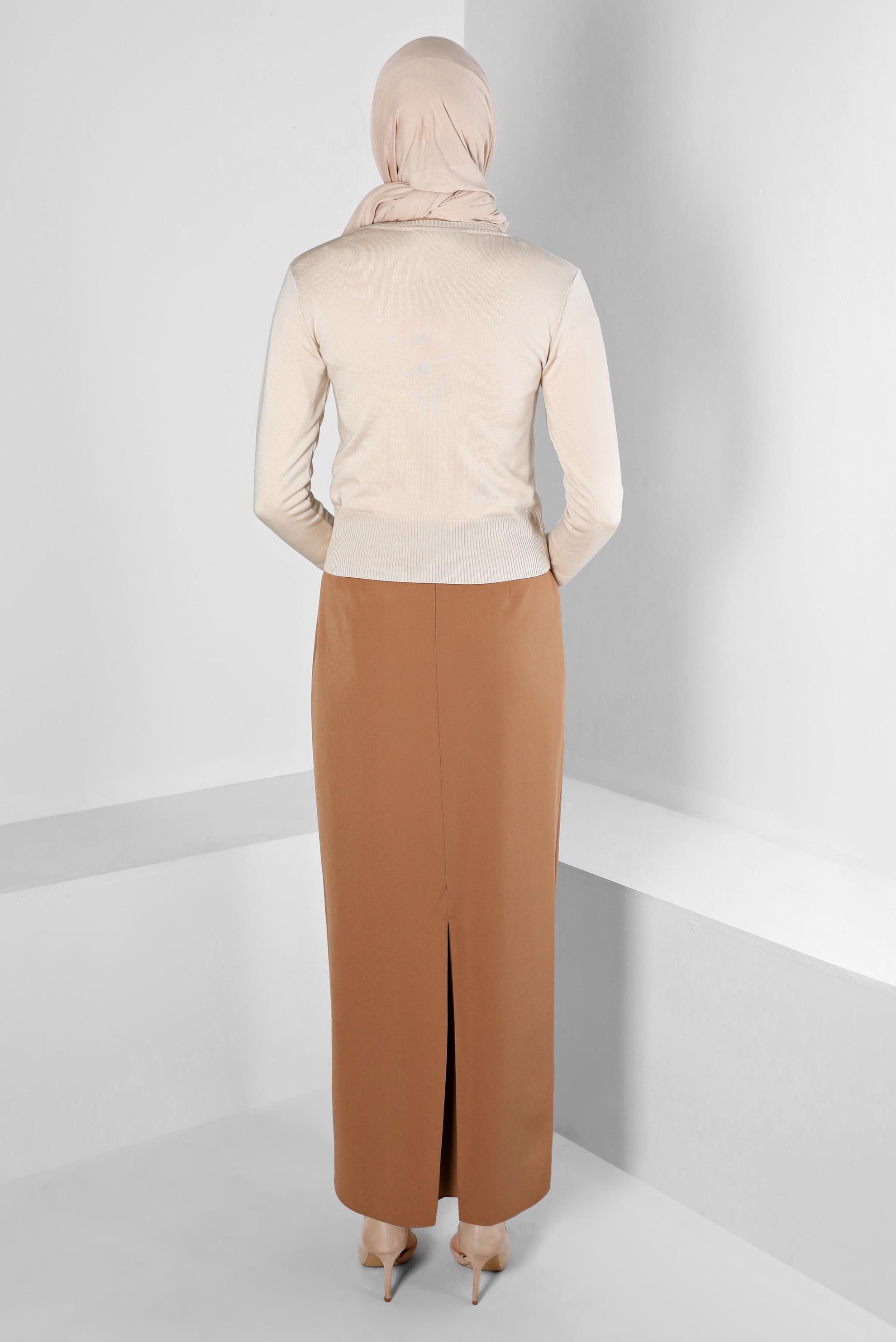 Tesettür giyim BEJ DÜĞMELİ BELİ LASTİKLİ TRİKO HIRKA 43127