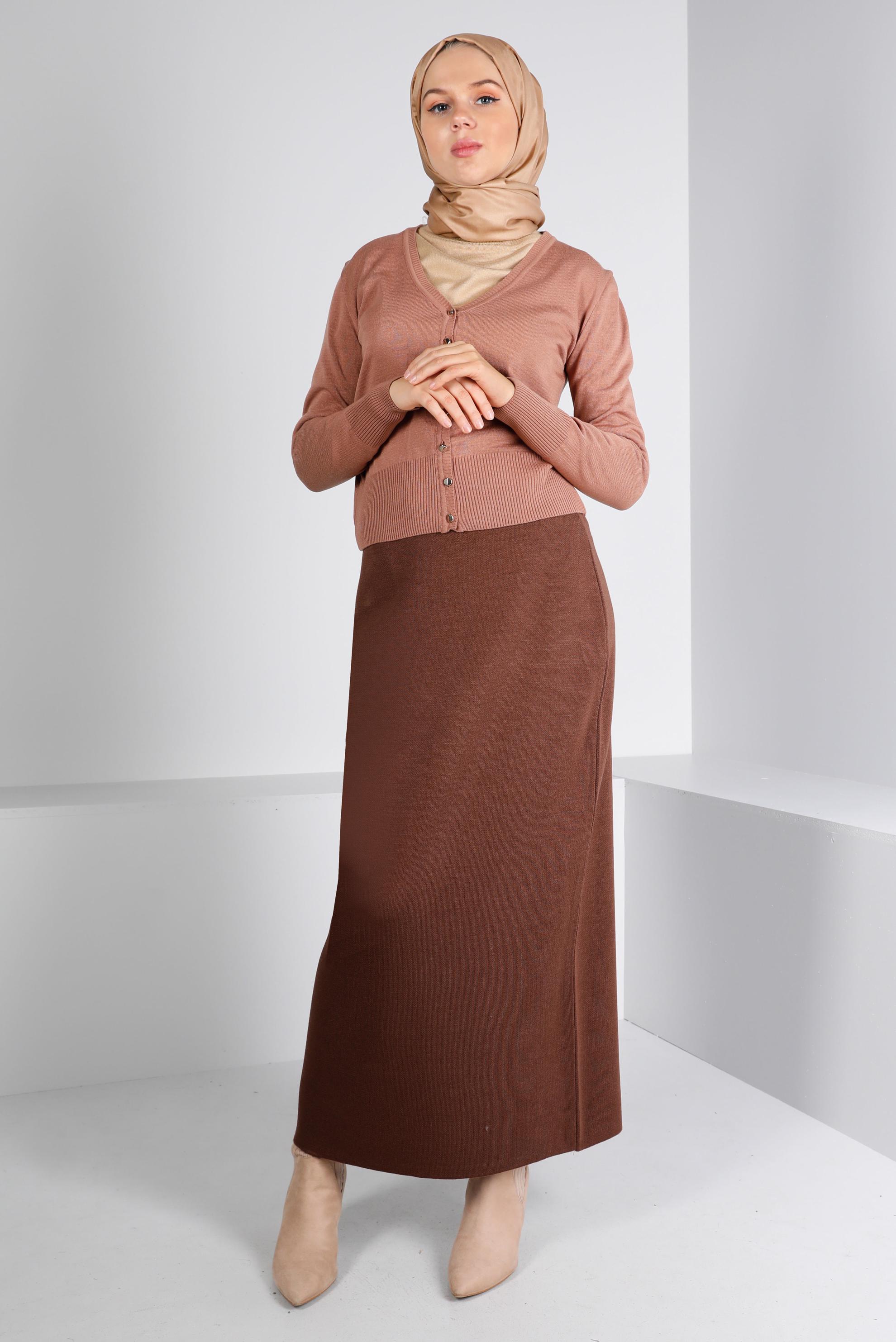 Tesettür giyim KAHVE DÜĞMELİ BELİ LASTİKLİ TRİKO HIRKA 43127