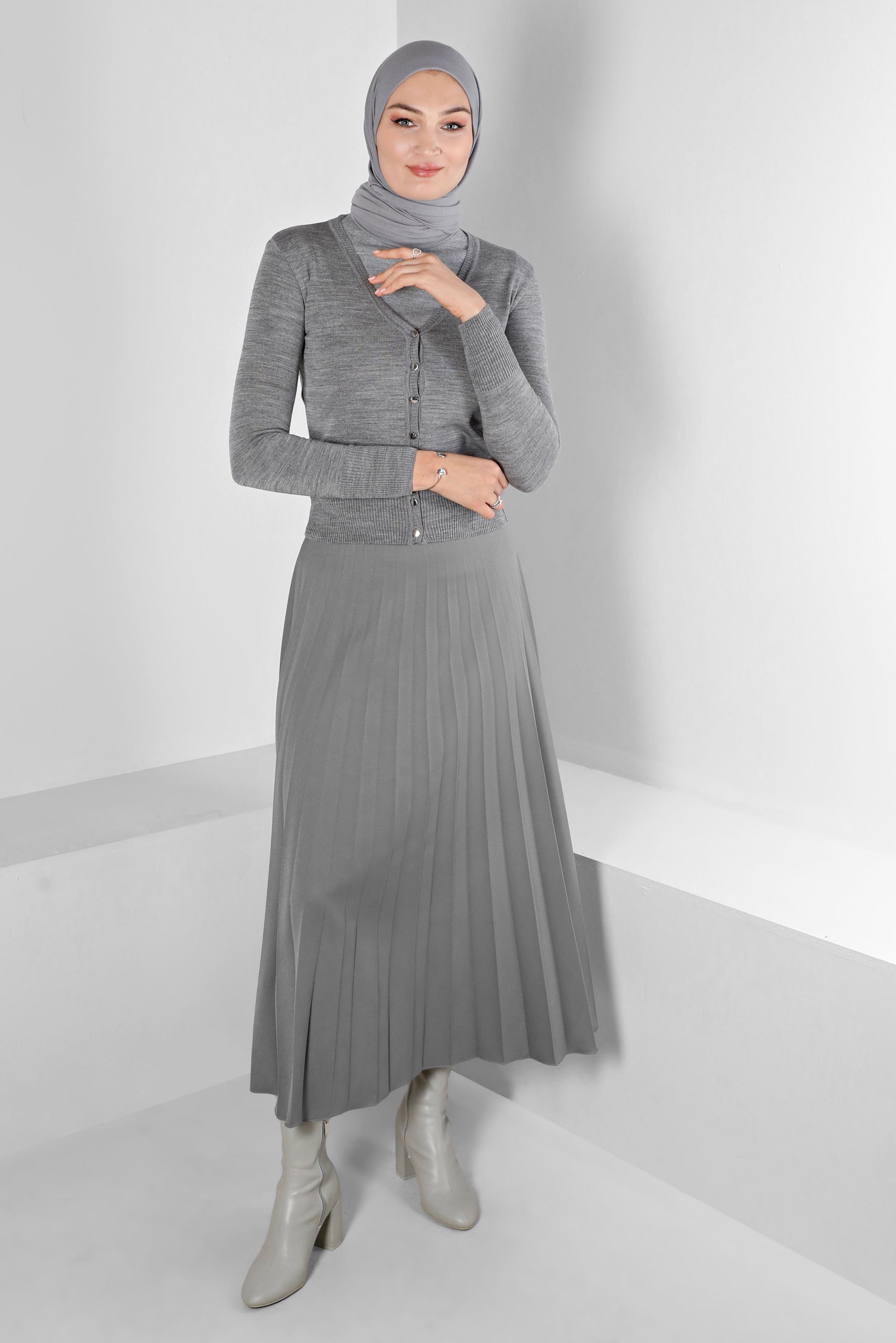 Tesettür giyim GRİ DÜĞMELİ BELİ LASTİKLİ TRİKO HIRKA 43127