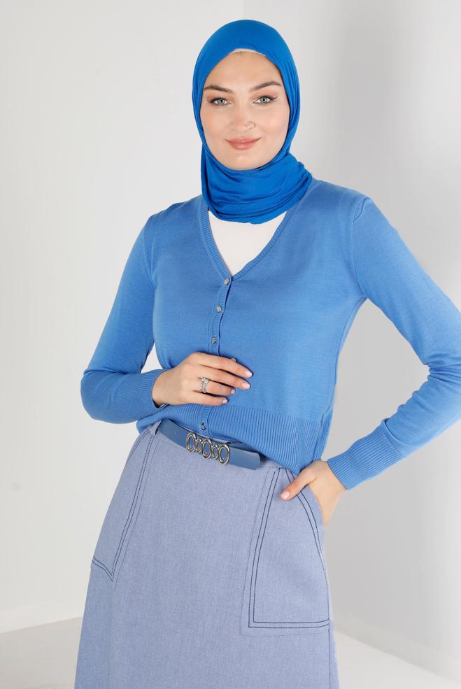 Tesettür giyim MAVİ DÜĞMELİ BELİ LASTİKLİ TRİKO HIRKA 43127 - ALVİNA