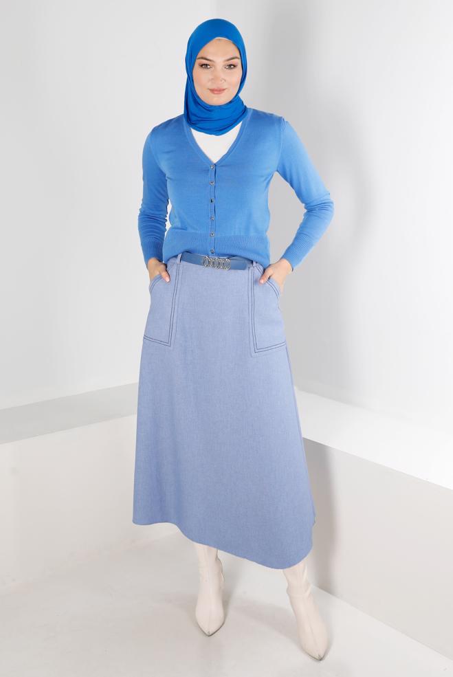 Tesettür giyim MAVİ DÜĞMELİ BELİ LASTİKLİ TRİKO HIRKA 43127 - ALVİNA