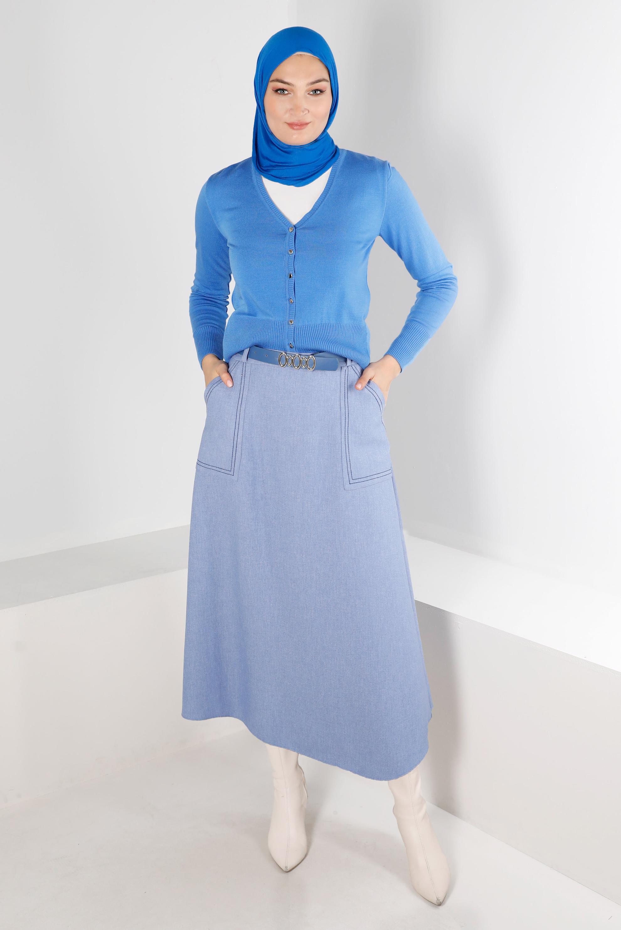 Tesettür giyim MAVİ DÜĞMELİ BELİ LASTİKLİ TRİKO HIRKA 43127