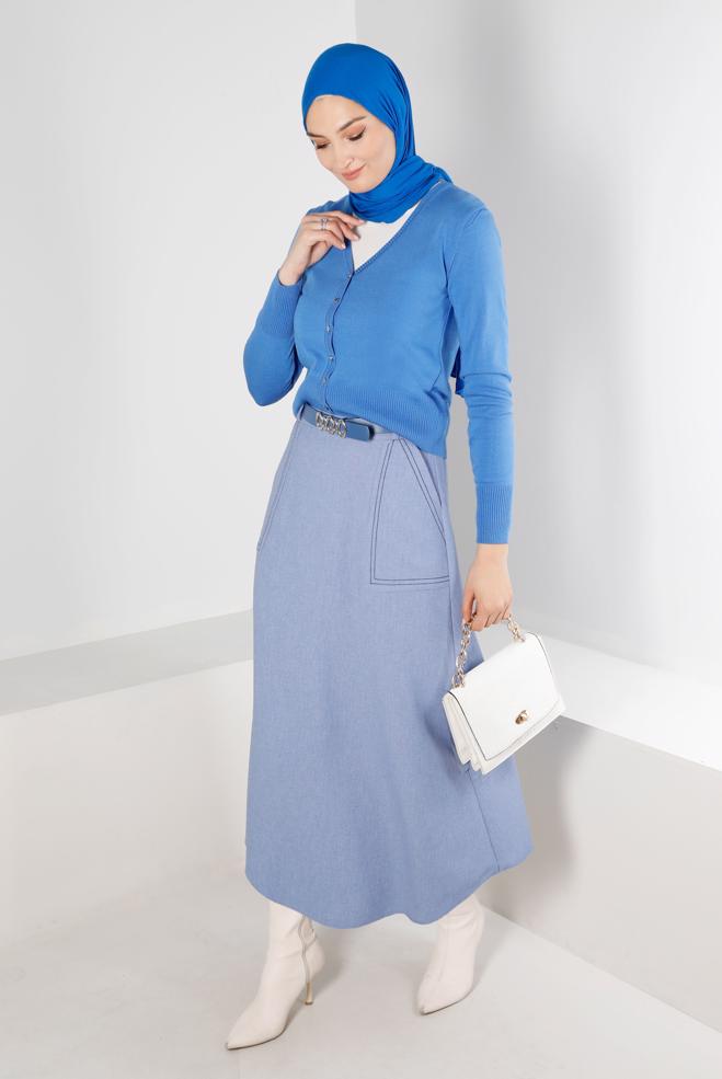 Tesettür giyim MAVİ DÜĞMELİ BELİ LASTİKLİ TRİKO HIRKA 43127 - ALVİNA
