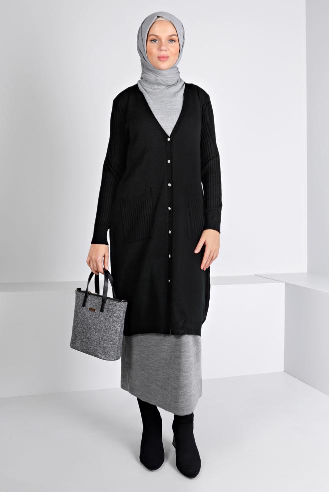 Tesettür giyim  DÜĞMELİ CEPLİ TRİKO HIRKA 43209 - ALVİNA