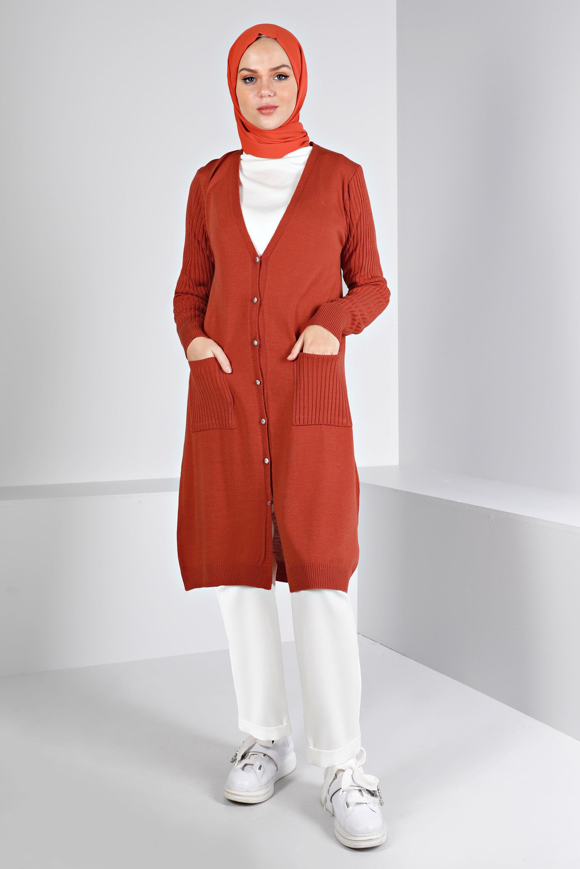 Tesettür giyim TURUNCU DÜĞMELİ CEPLİ TRİKO HIRKA 43209