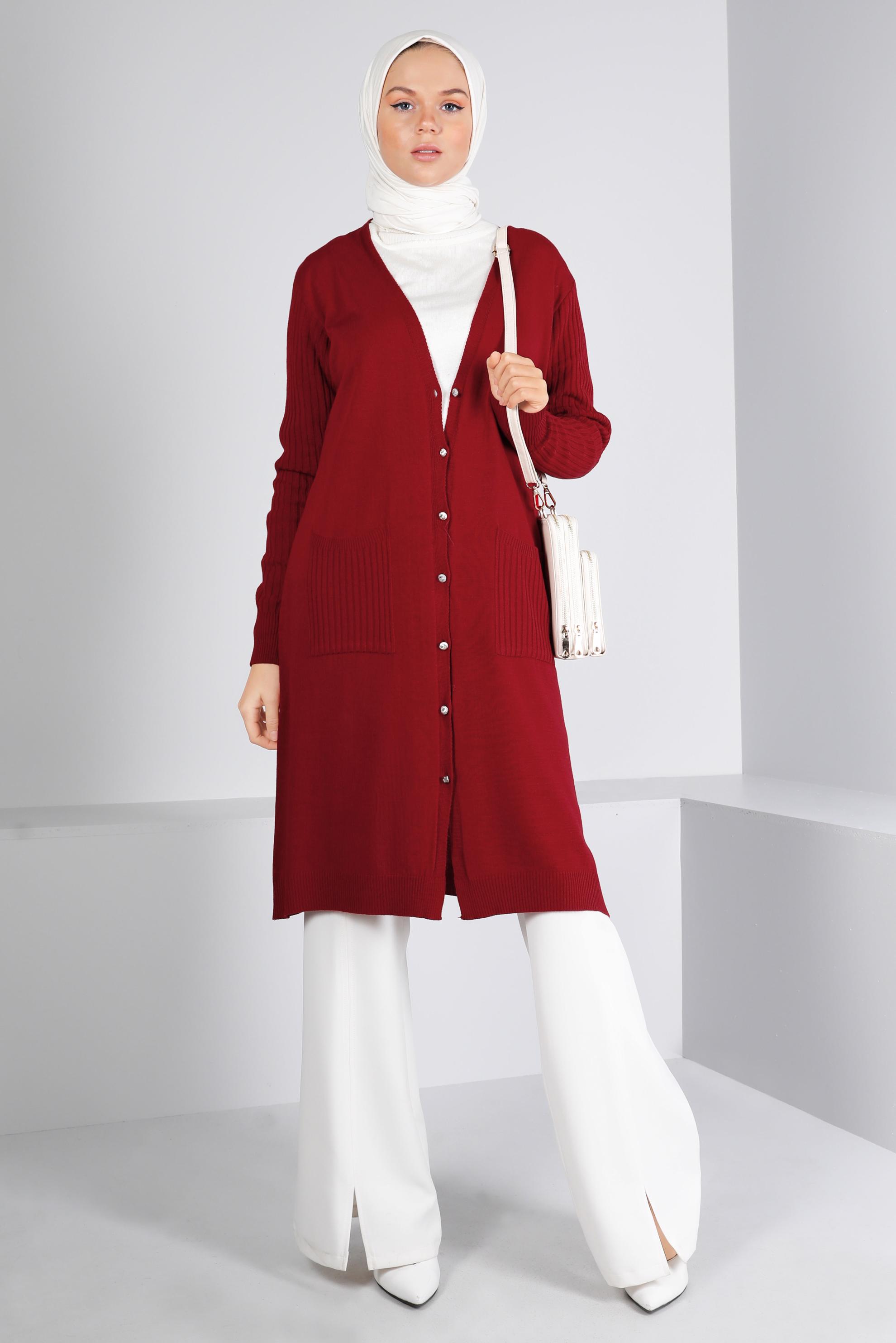 Tesettür giyim BORDO DÜĞMELİ CEPLİ TRİKO HIRKA 43209