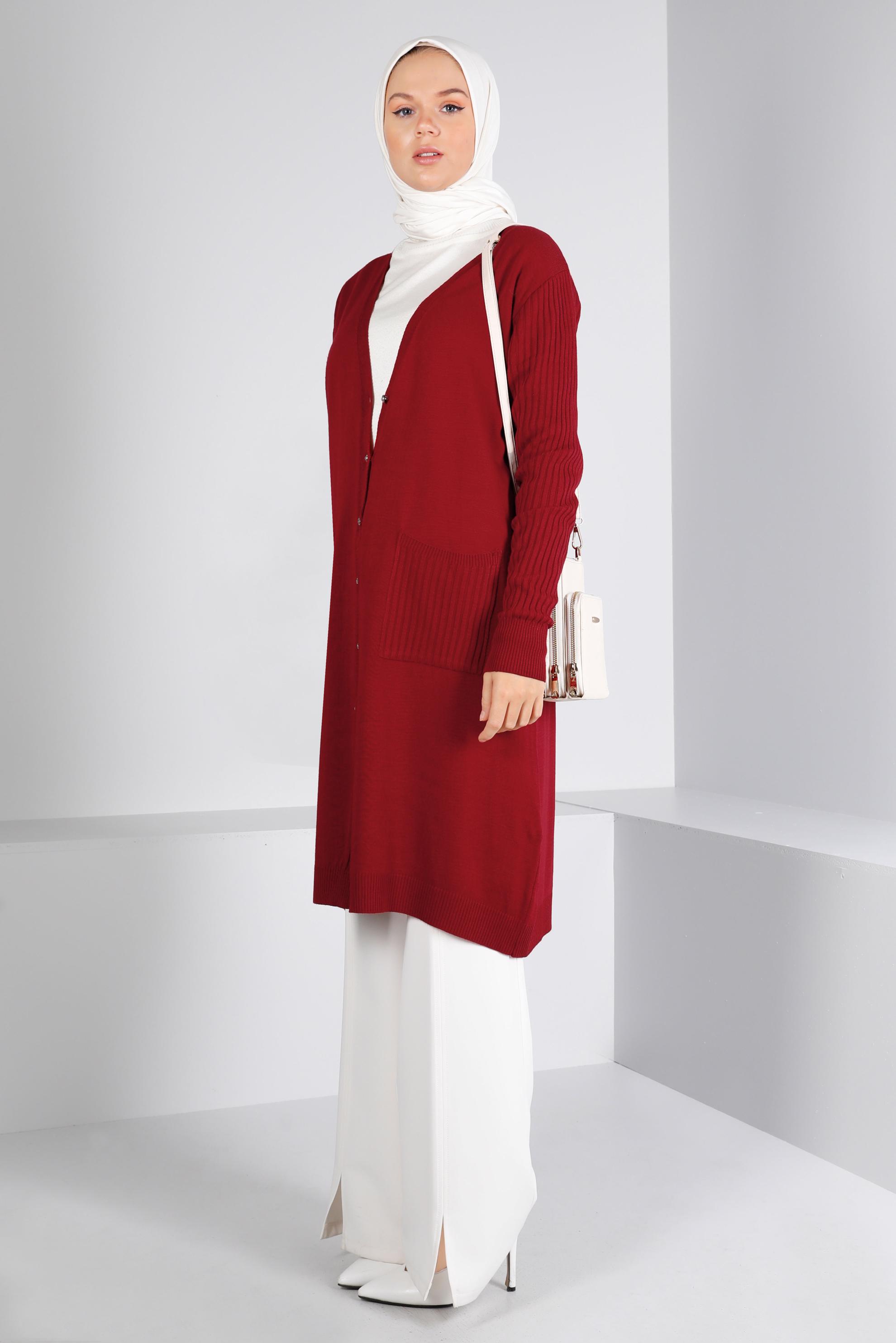 Tesettür giyim BORDO DÜĞMELİ CEPLİ TRİKO HIRKA 43209