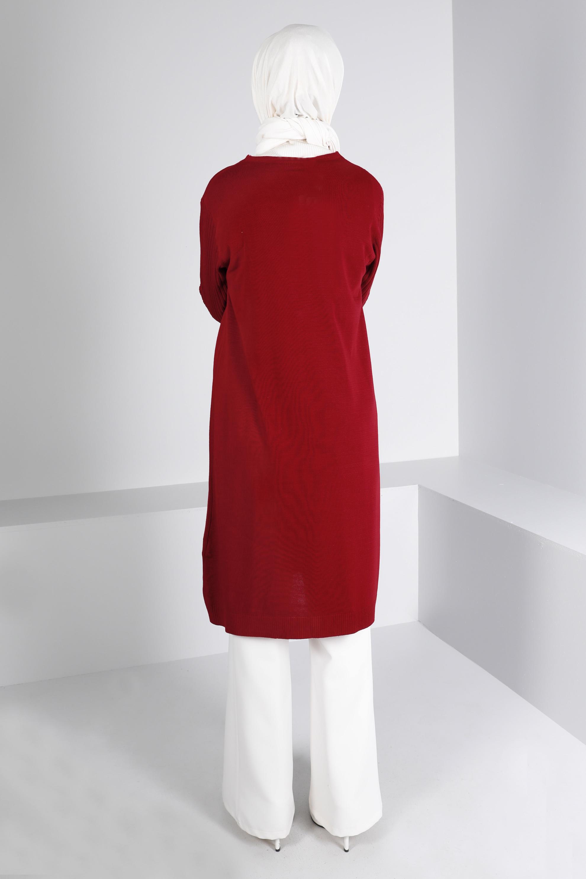 Tesettür giyim BORDO DÜĞMELİ CEPLİ TRİKO HIRKA 43209