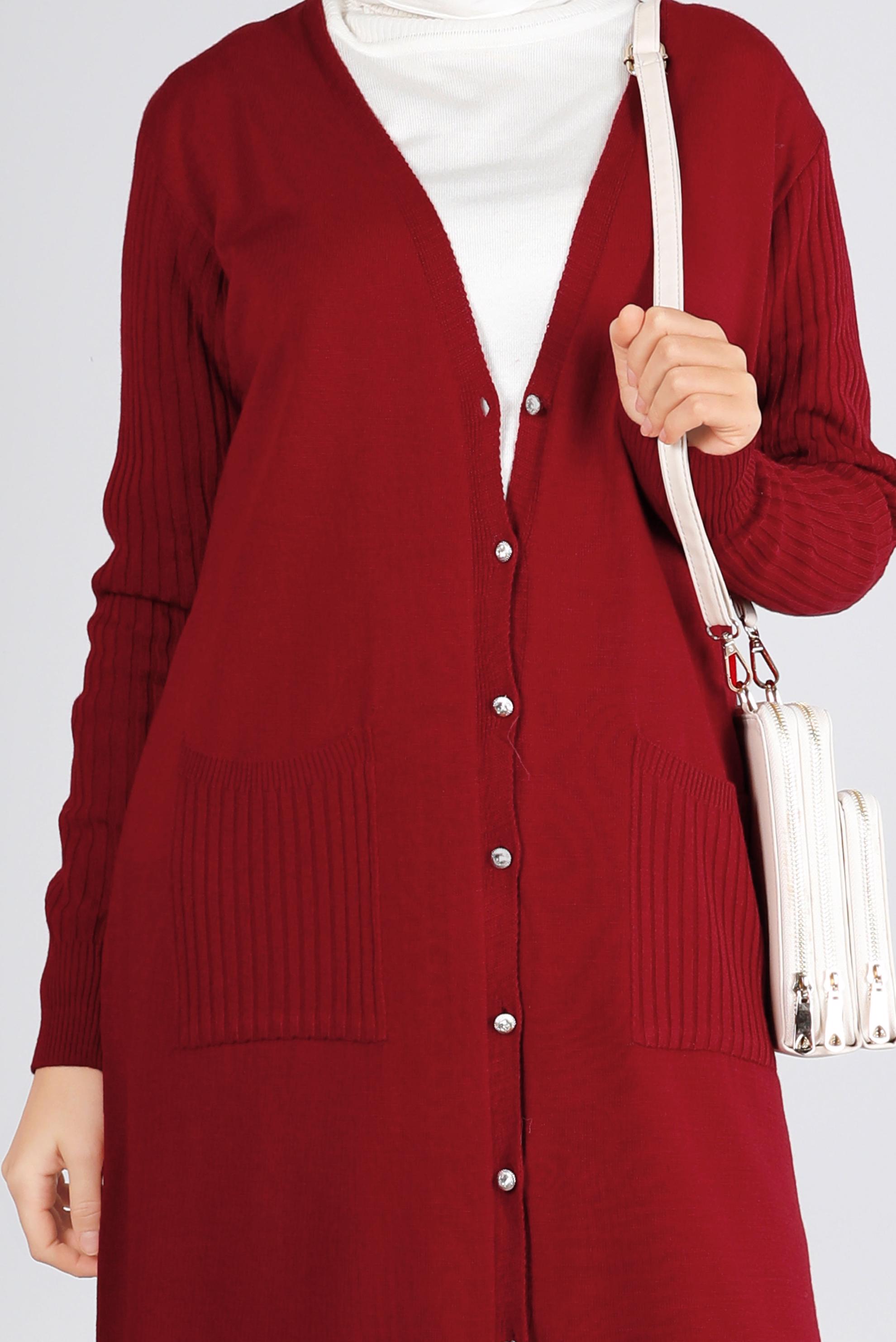 Tesettür giyim BORDO DÜĞMELİ CEPLİ TRİKO HIRKA 43209