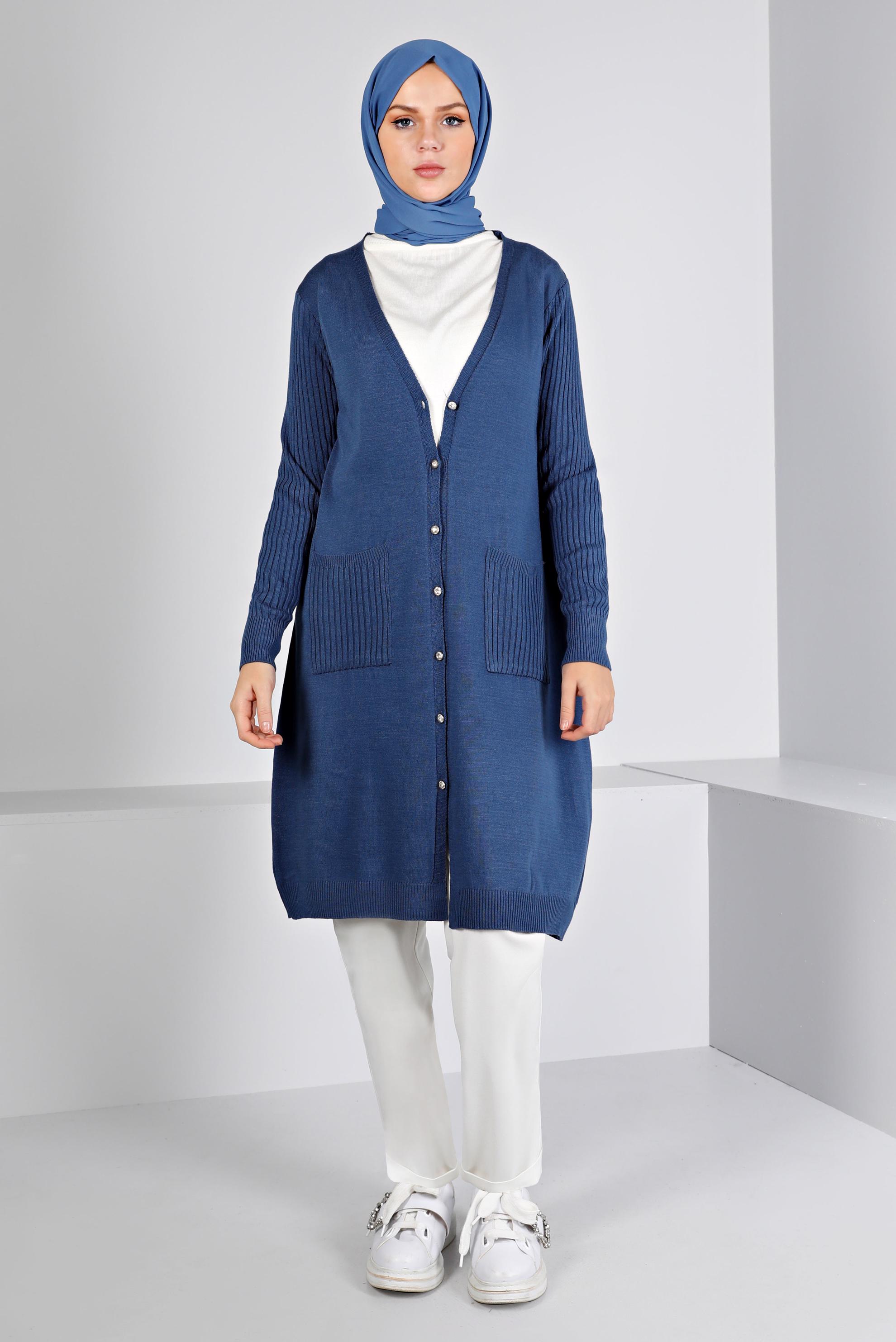 Tesettür giyim LACİVERT DÜĞMELİ CEPLİ TRİKO HIRKA 43209