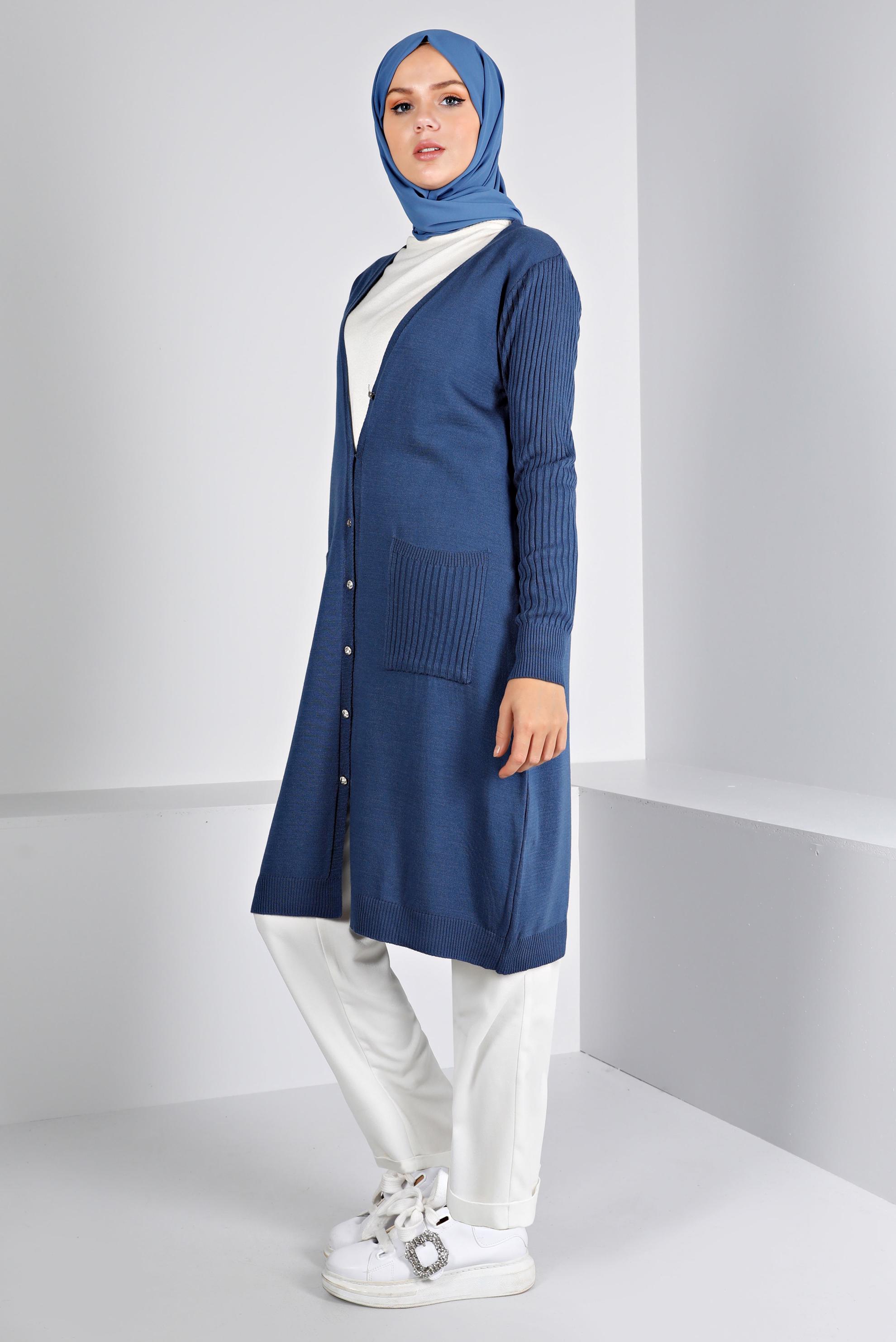 Tesettür giyim LACİVERT DÜĞMELİ CEPLİ TRİKO HIRKA 43209