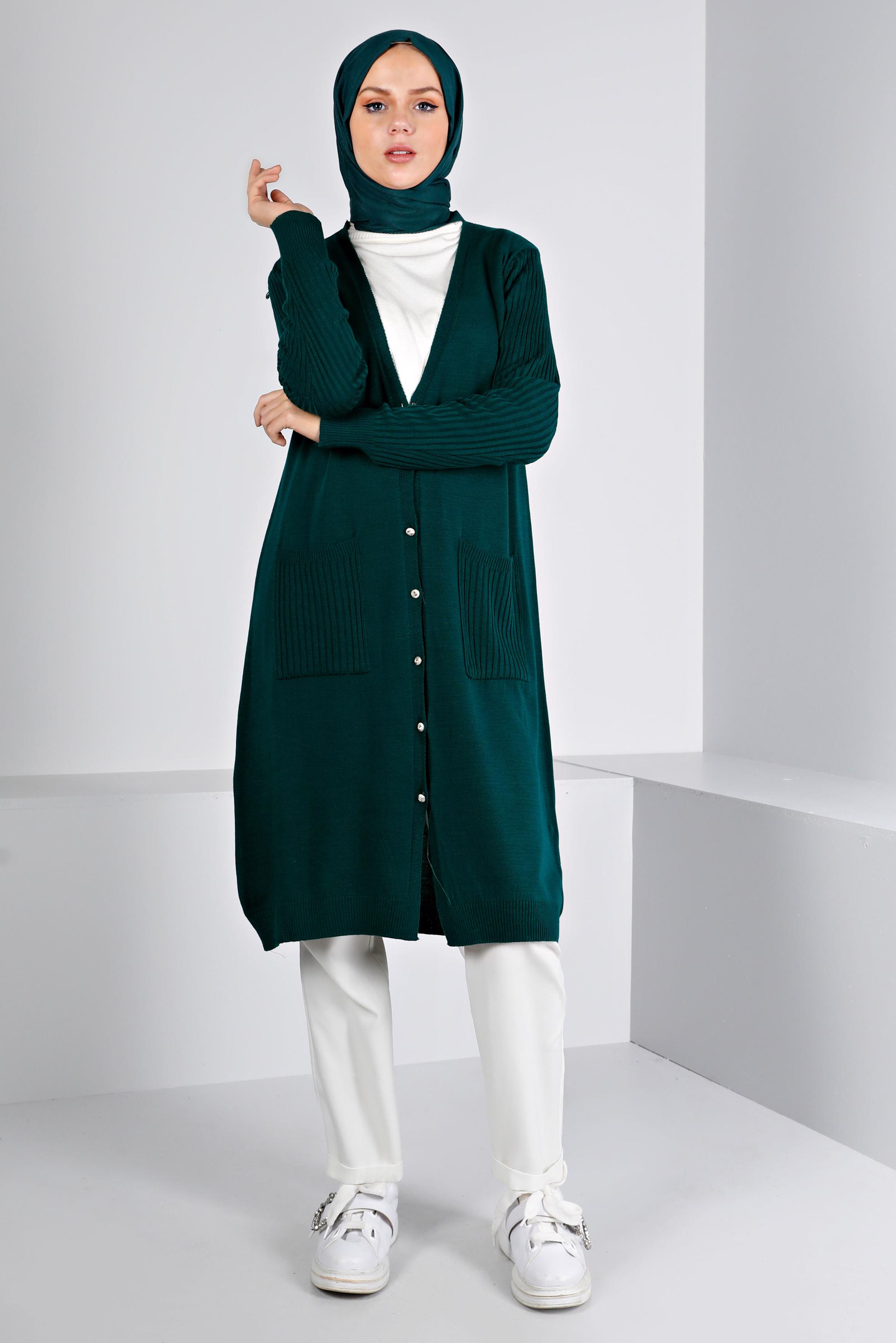 Tesettür giyim YEŞİL DÜĞMELİ CEPLİ TRİKO HIRKA 43209