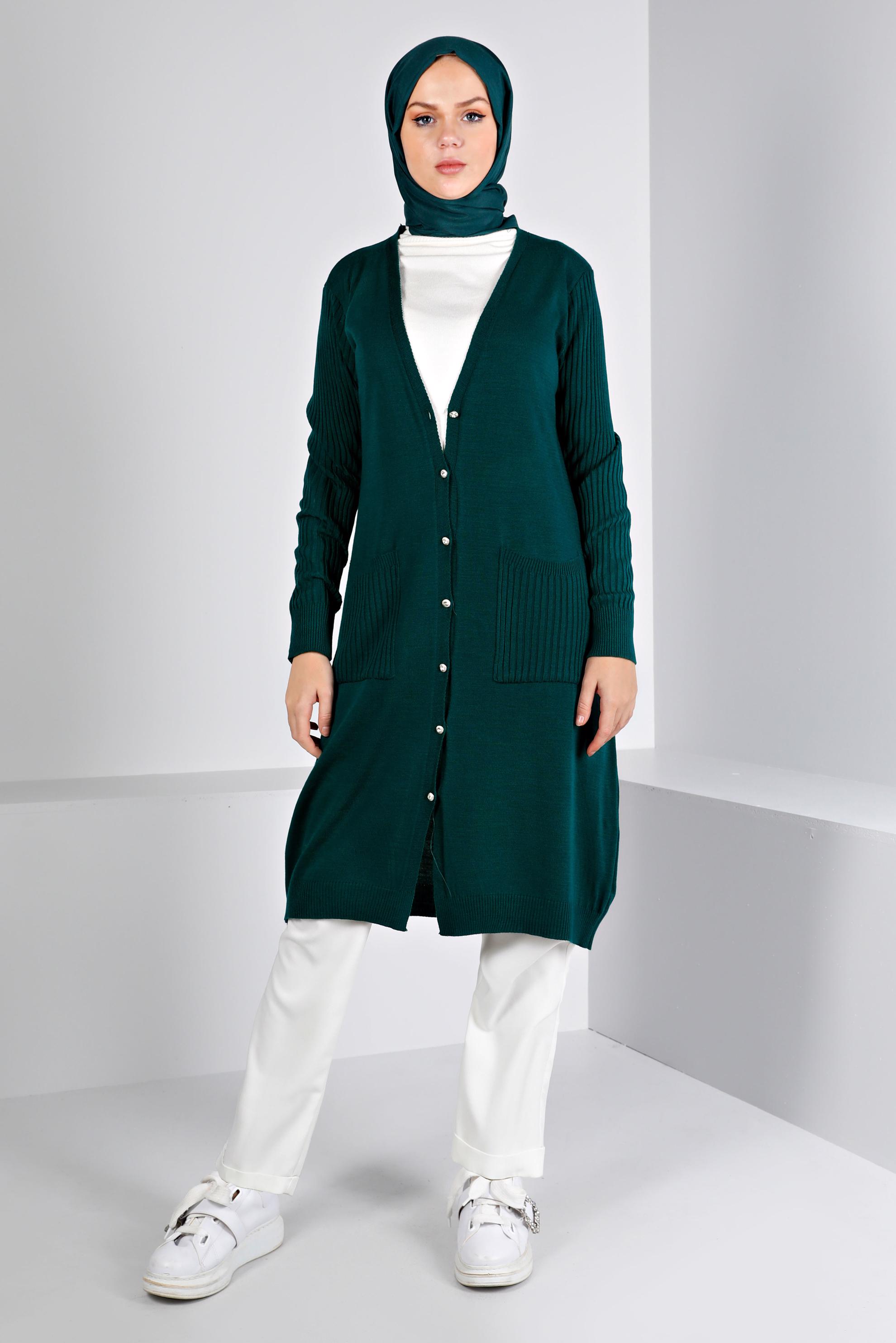 Tesettür giyim YEŞİL DÜĞMELİ CEPLİ TRİKO HIRKA 43209
