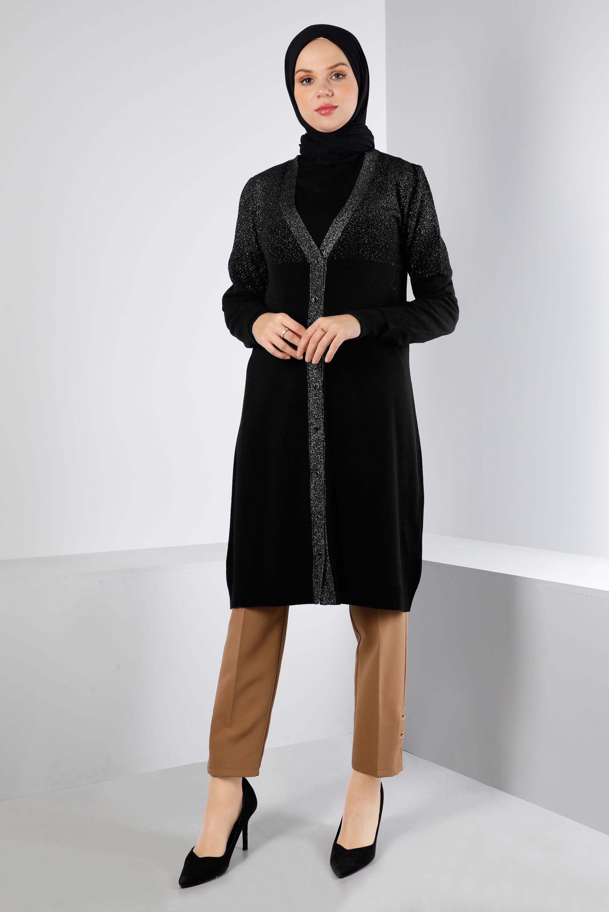 Tesettür giyim SİYAH SİMLİ DÜĞMELİ TRİKO HIRKA 43249 