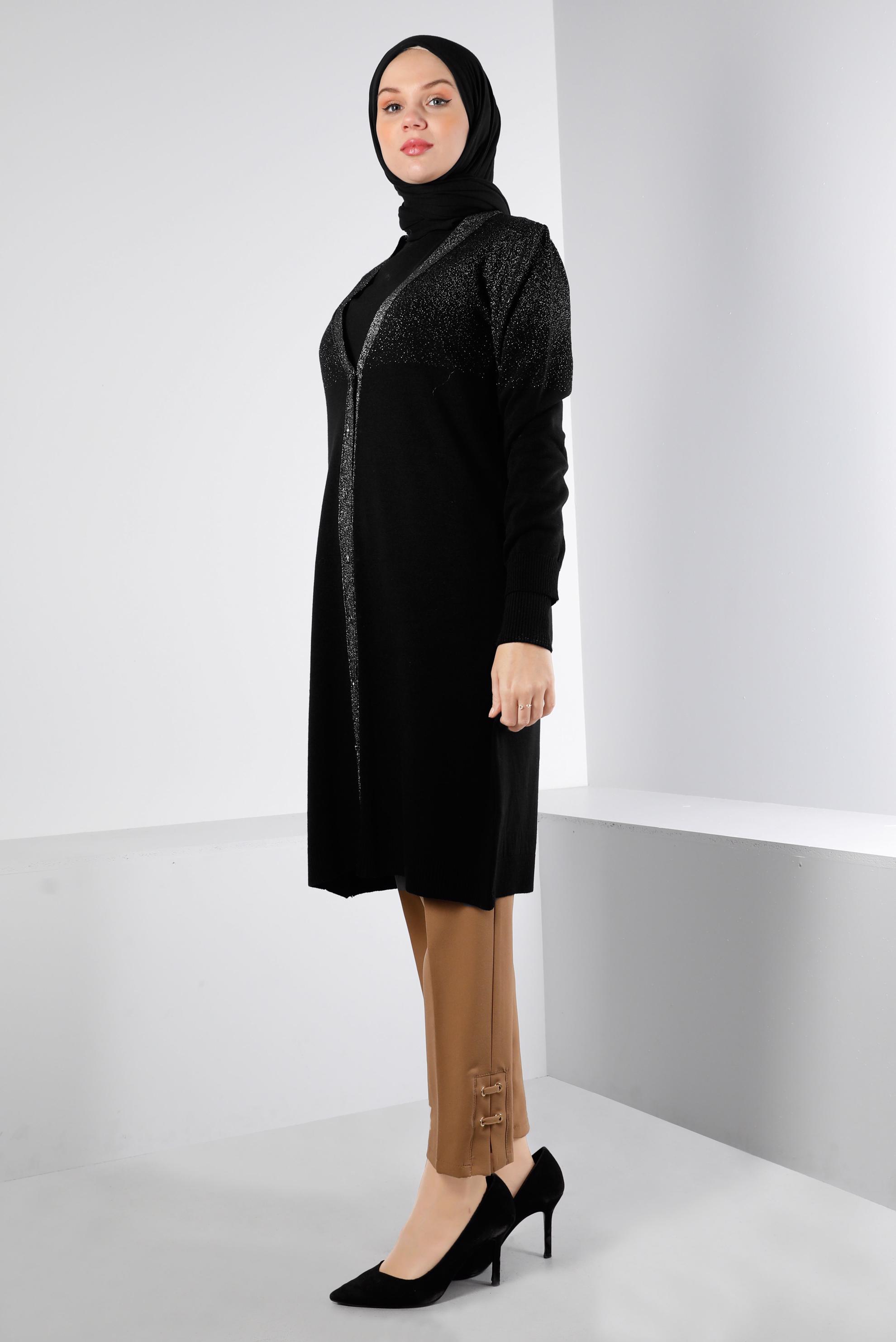 Tesettür giyim SİYAH SİMLİ DÜĞMELİ TRİKO HIRKA 43249 