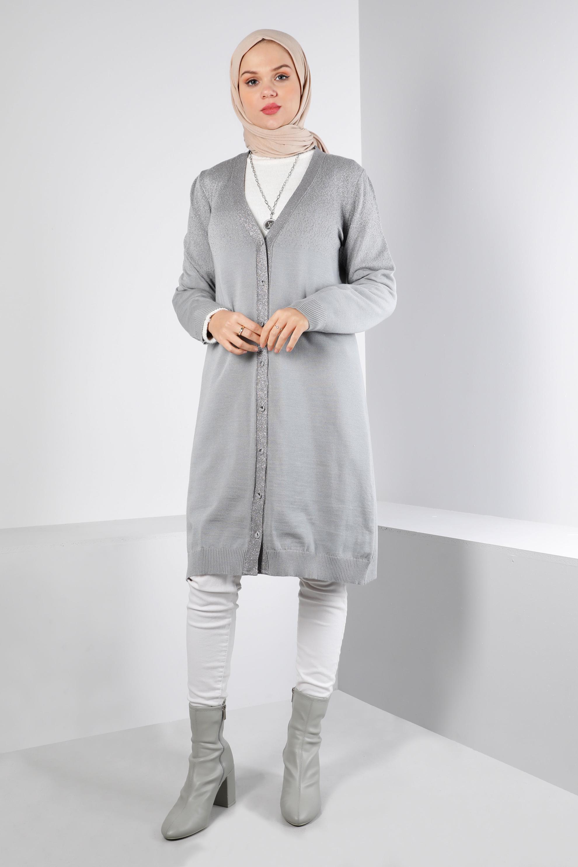 Tesettür giyim GRİ SİMLİ DÜĞMELİ TRİKO HIRKA 43249 