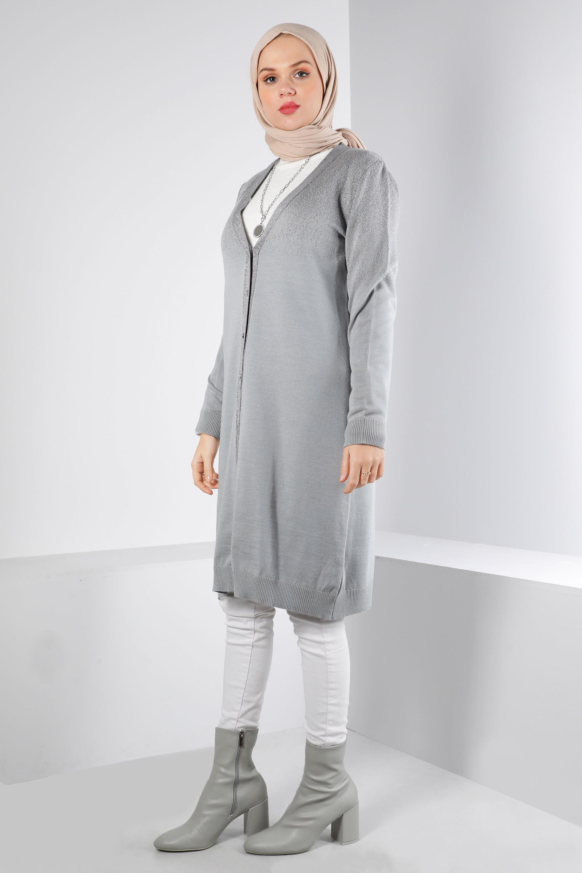 Tesettür giyim GRİ SİMLİ DÜĞMELİ TRİKO HIRKA 43249 