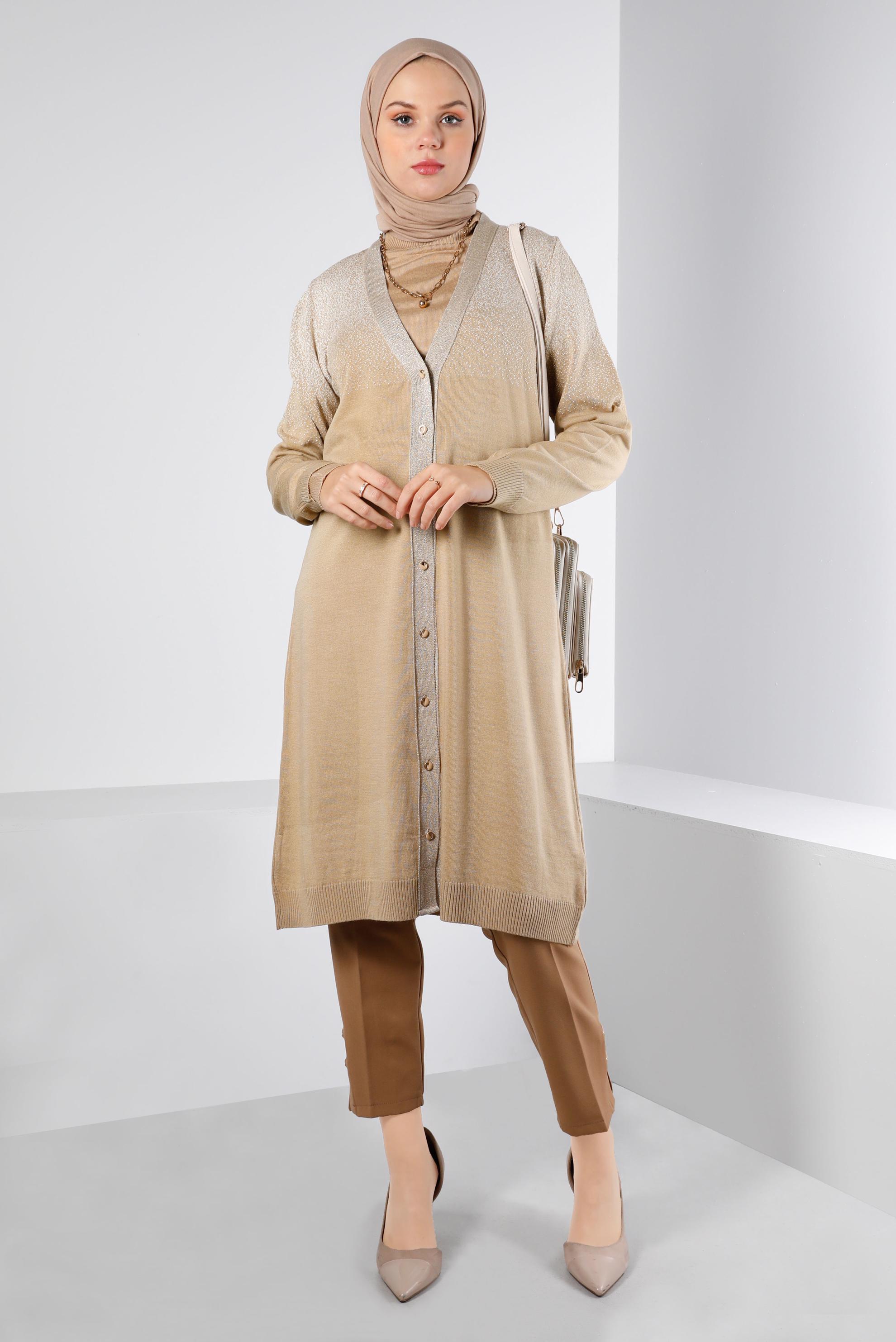 Tesettür giyim KAHVE SİMLİ DÜĞMELİ TRİKO HIRKA 43249 
