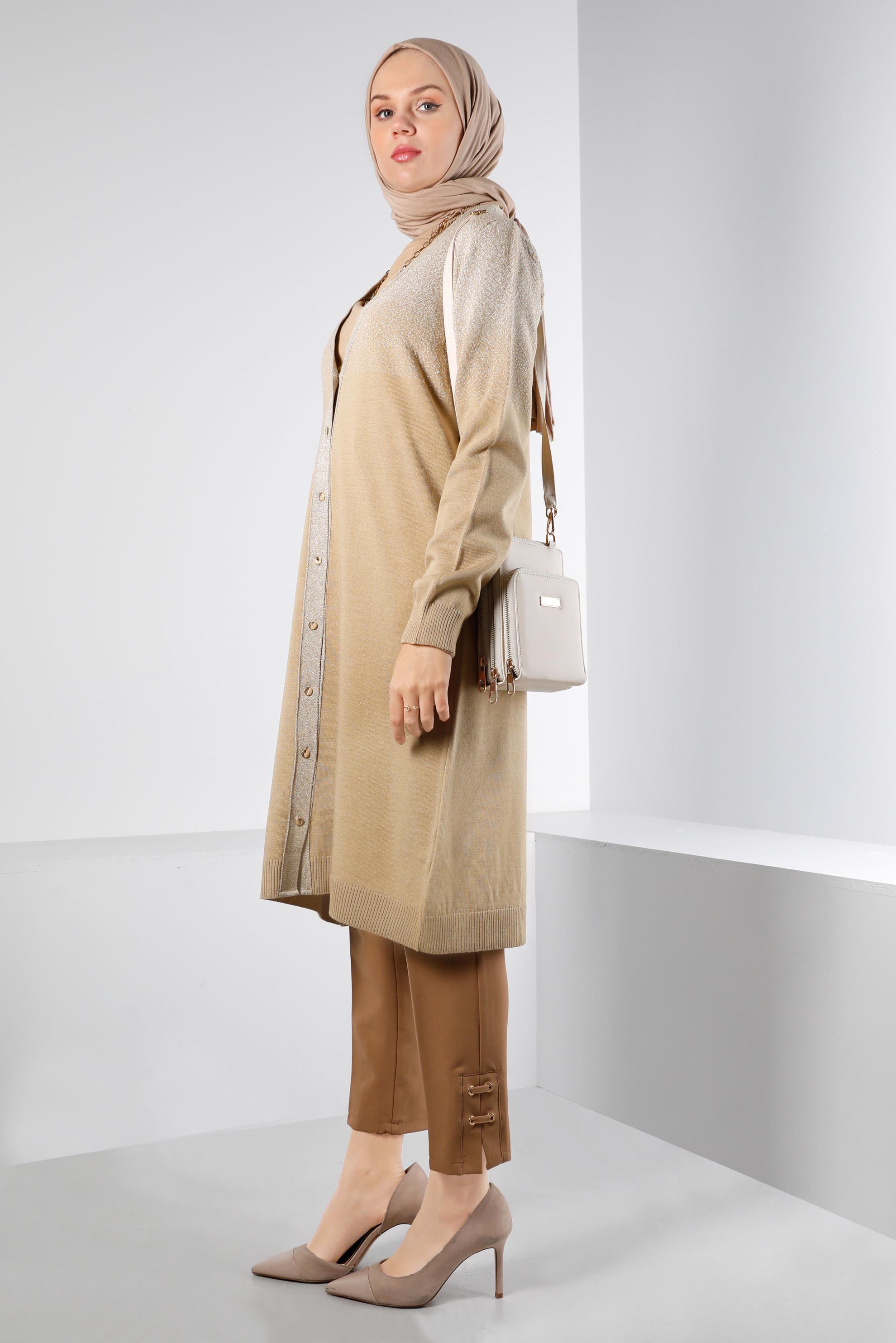 Tesettür giyim KAHVE SİMLİ DÜĞMELİ TRİKO HIRKA 43249 