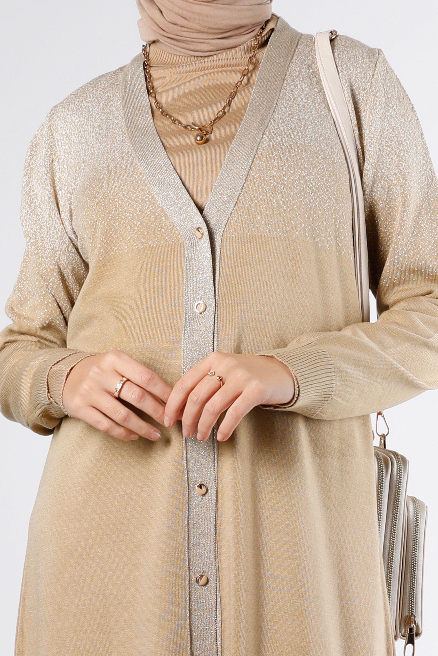 Tesettür giyim KAHVE SİMLİ DÜĞMELİ TRİKO HIRKA 43249 