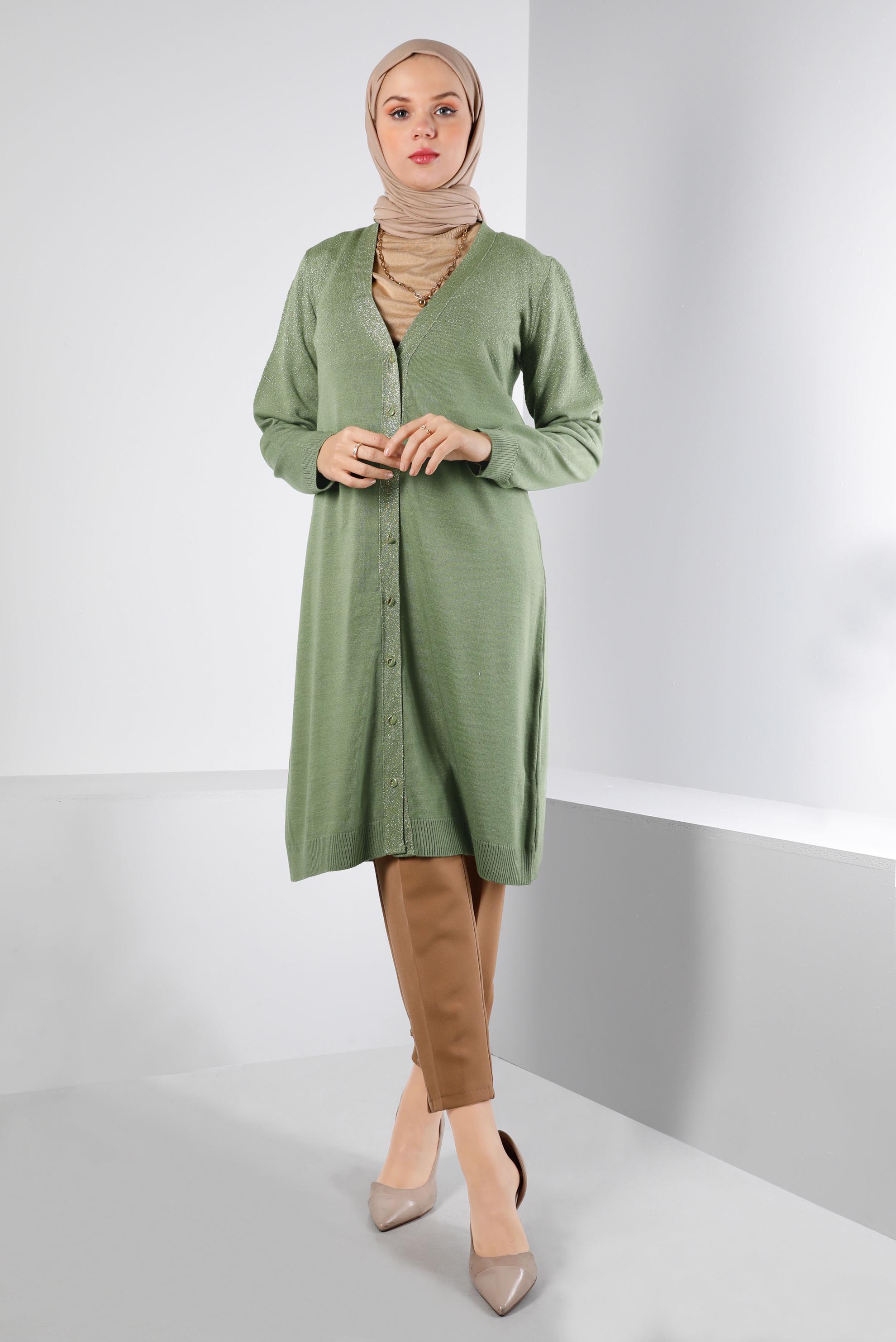 Tesettür giyim HAKİ SİMLİ DÜĞMELİ TRİKO HIRKA 43249 