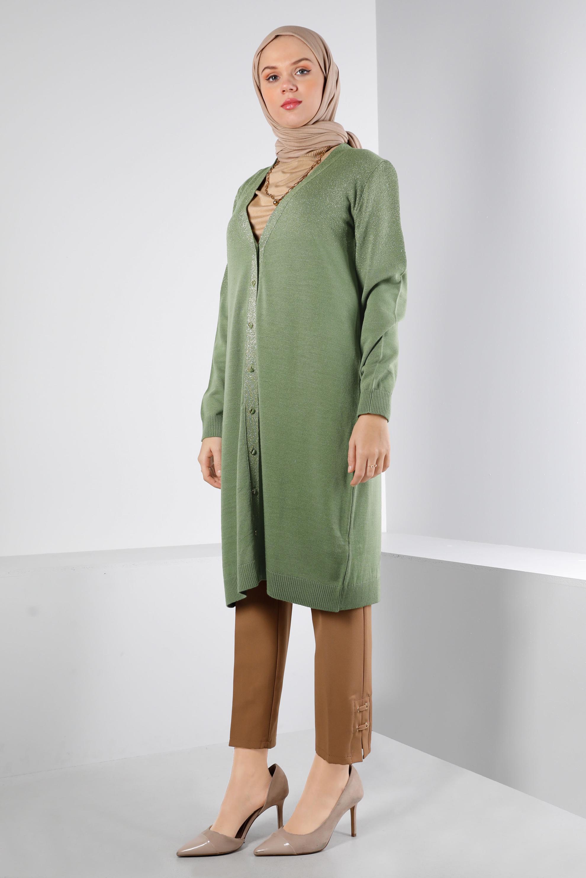 Tesettür giyim HAKİ SİMLİ DÜĞMELİ TRİKO HIRKA 43249 