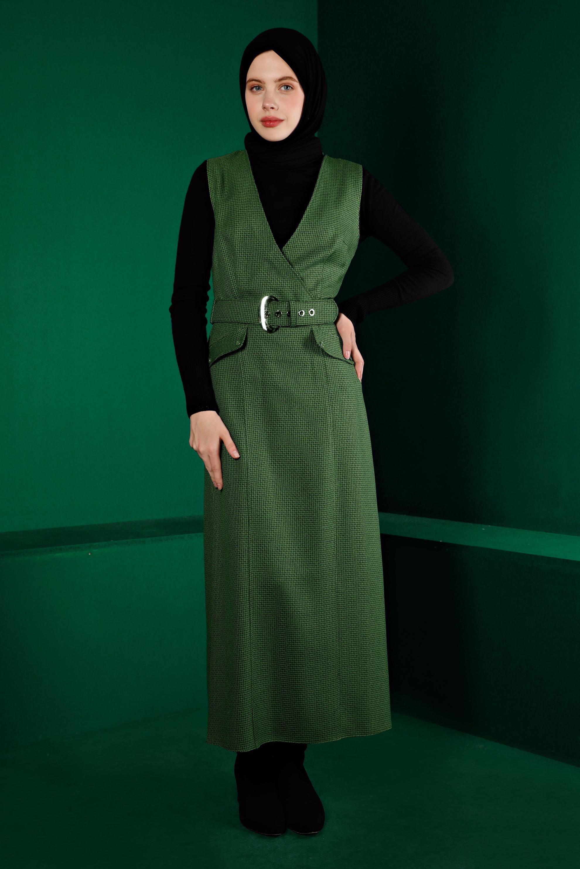 Tesettür giyim YEŞİL KAZAYAĞI DESENLİ KEMERLİ JİLE 43366