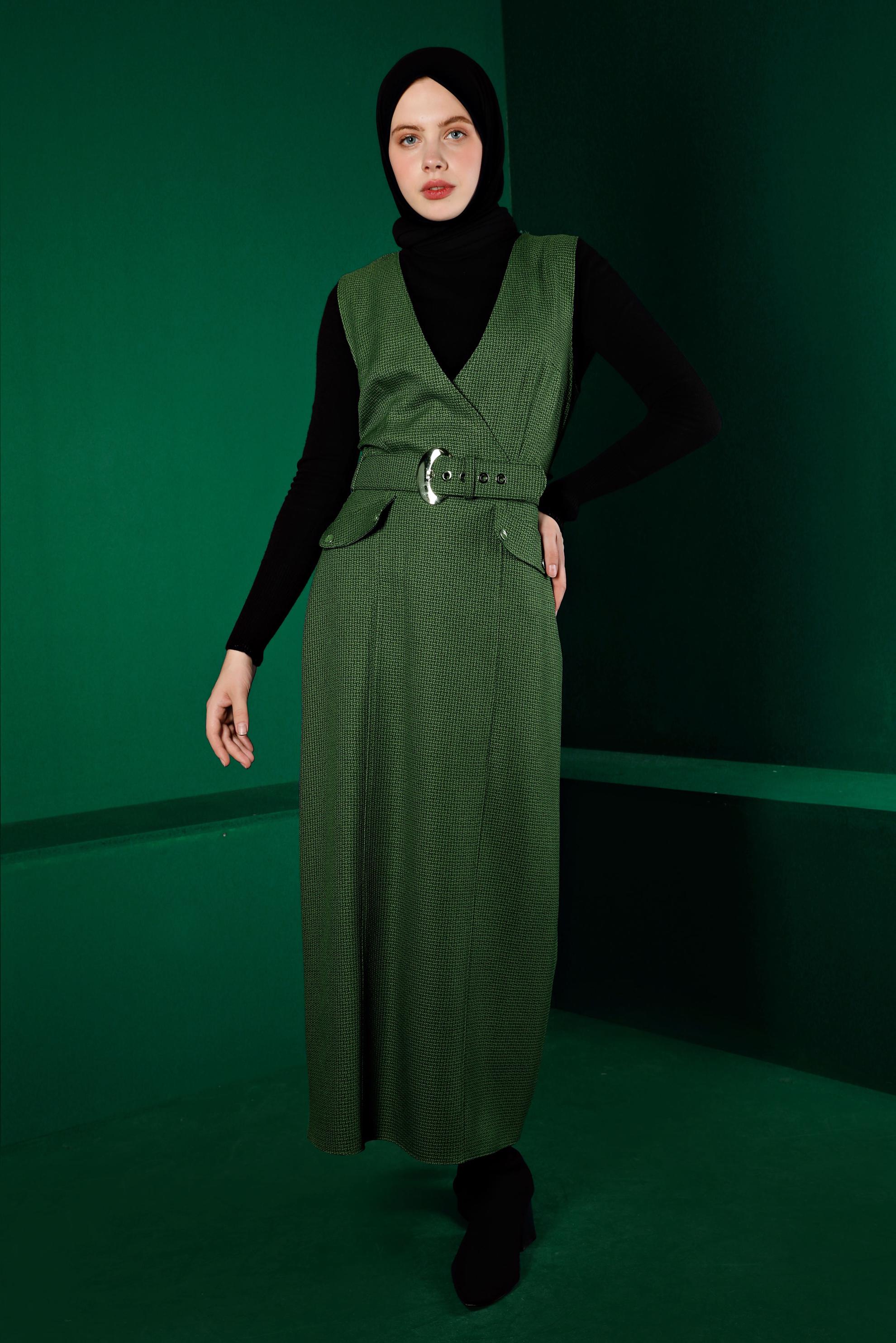 Tesettür giyim YEŞİL KAZAYAĞI DESENLİ KEMERLİ JİLE 43366