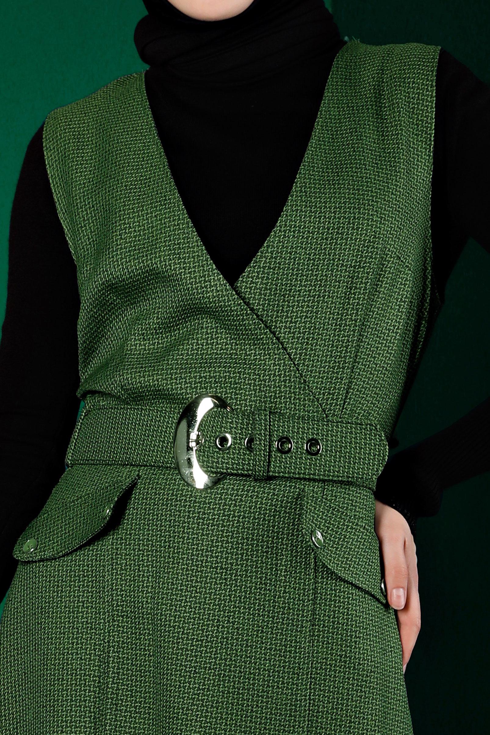 Tesettür giyim YEŞİL KAZAYAĞI DESENLİ KEMERLİ JİLE 43366