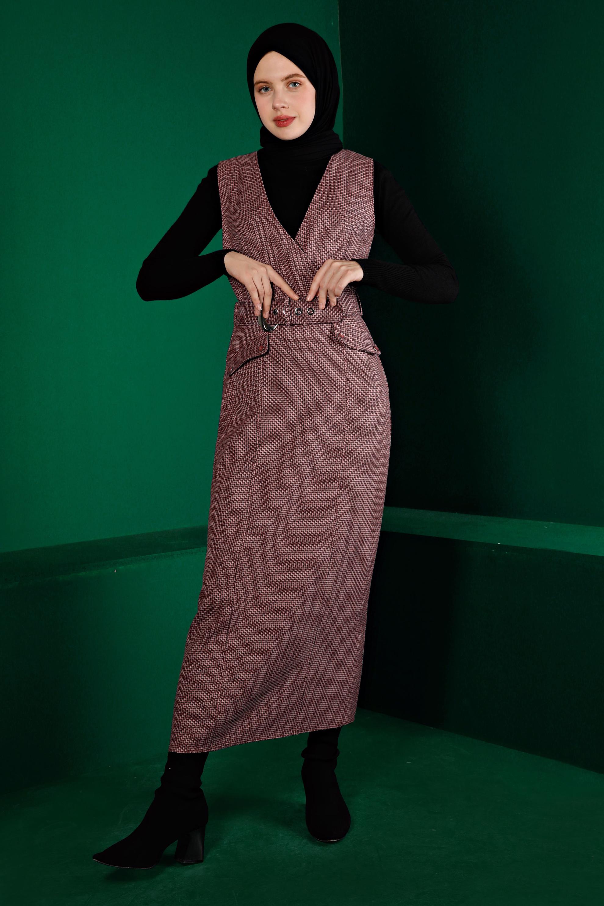 Tesettür giyim PUDRA KAZAYAĞI DESENLİ KEMERLİ JİLE 43366