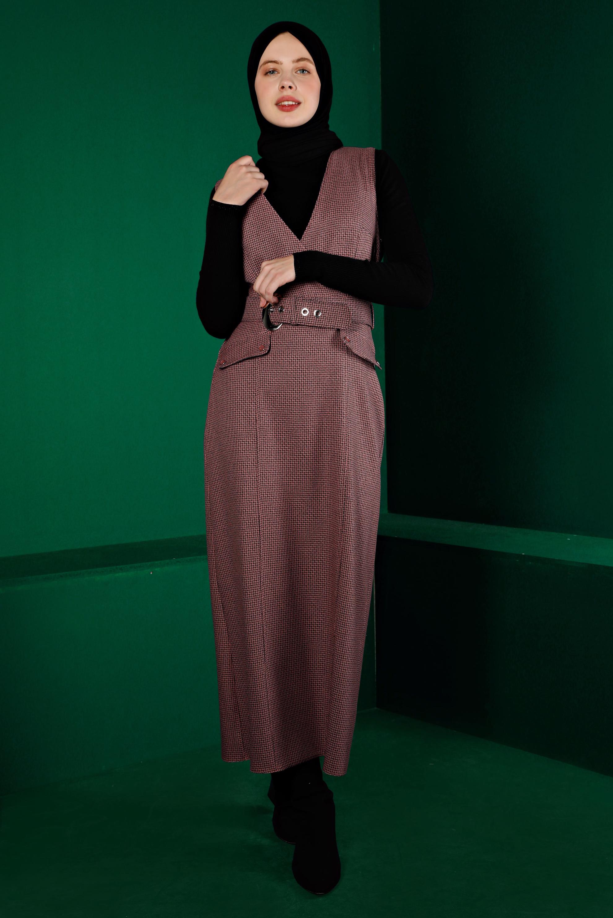 Tesettür giyim PUDRA KAZAYAĞI DESENLİ KEMERLİ JİLE 43366