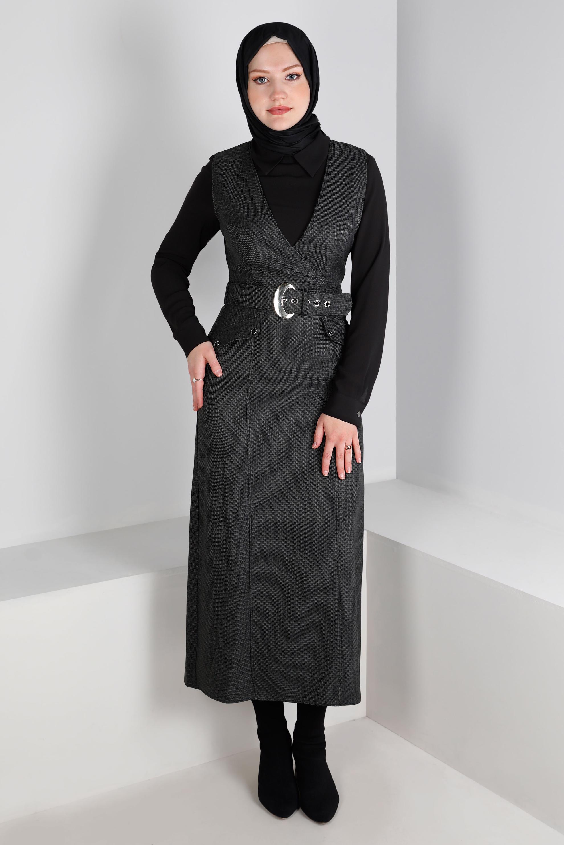 Tesettür giyim GRİ KAZAYAĞI DESENLİ KEMERLİ JİLE 43366