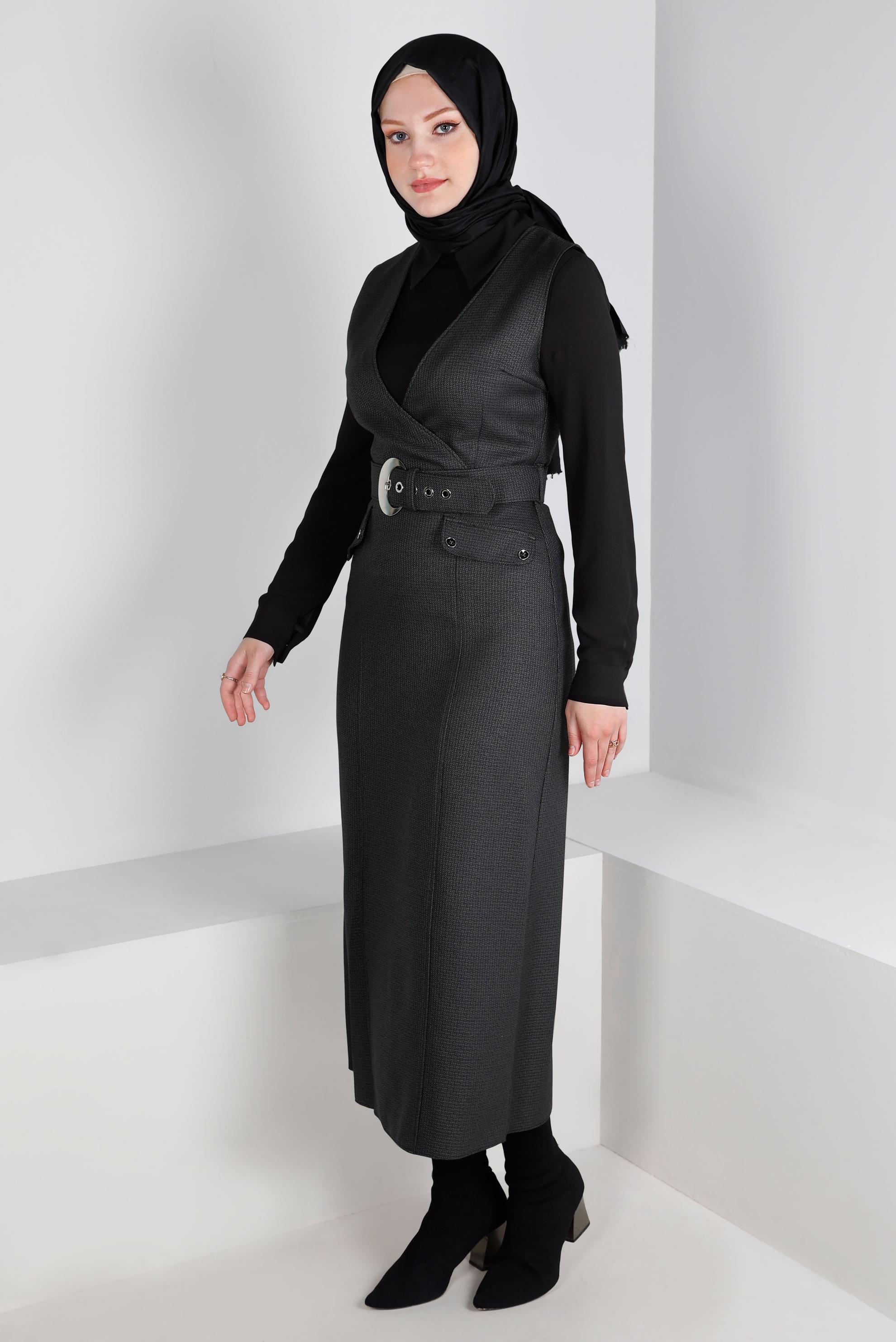 Tesettür giyim GRİ KAZAYAĞI DESENLİ KEMERLİ JİLE 43366