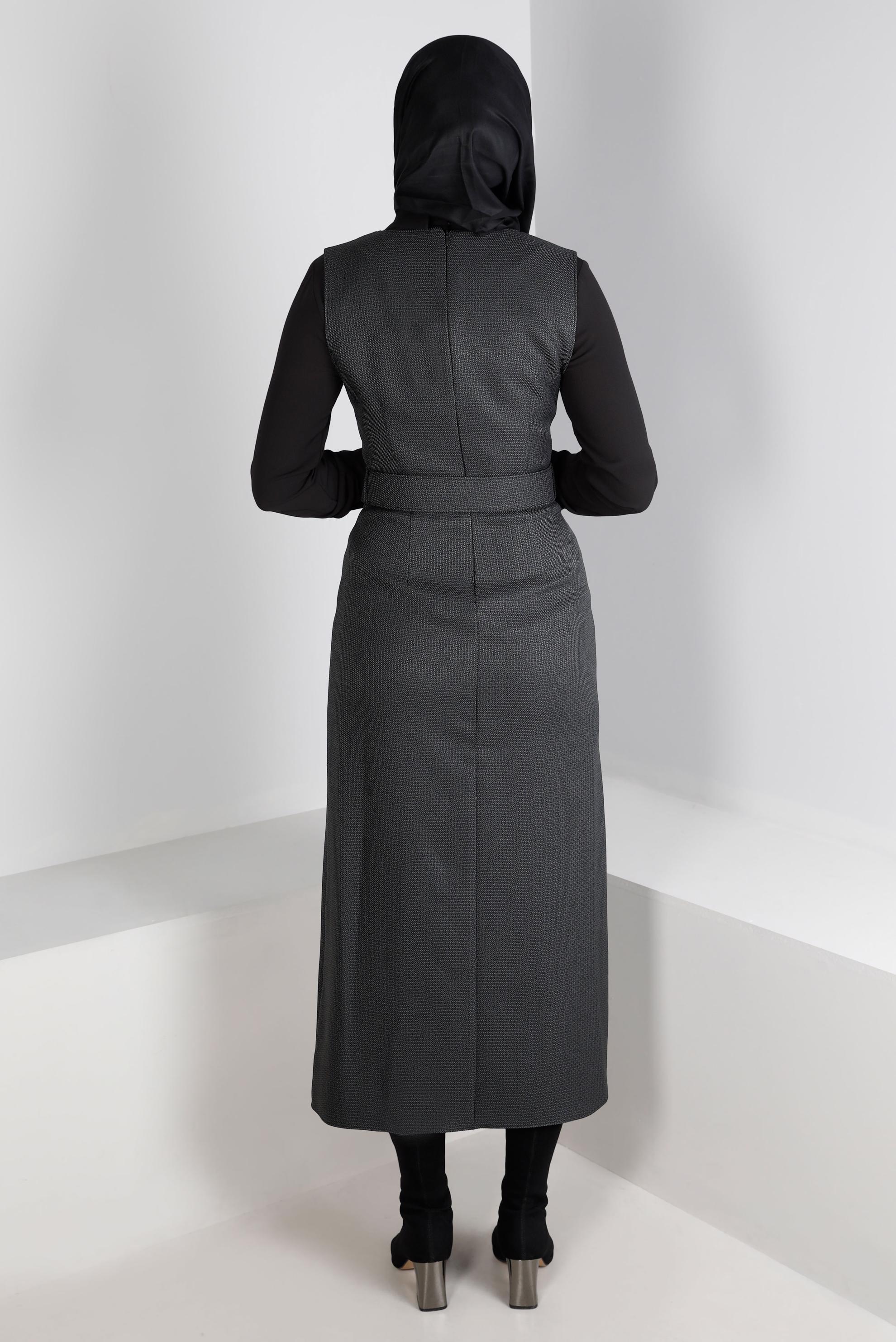 Tesettür giyim GRİ KAZAYAĞI DESENLİ KEMERLİ JİLE 43366